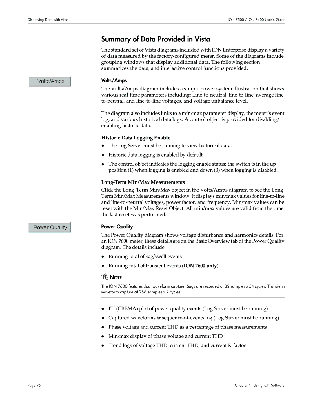 Multi-Tech Systems 7600, 7500 Summary of Data Provided in Vista, Volts/Amps, Historic Data Logging Enable, Power Quality 