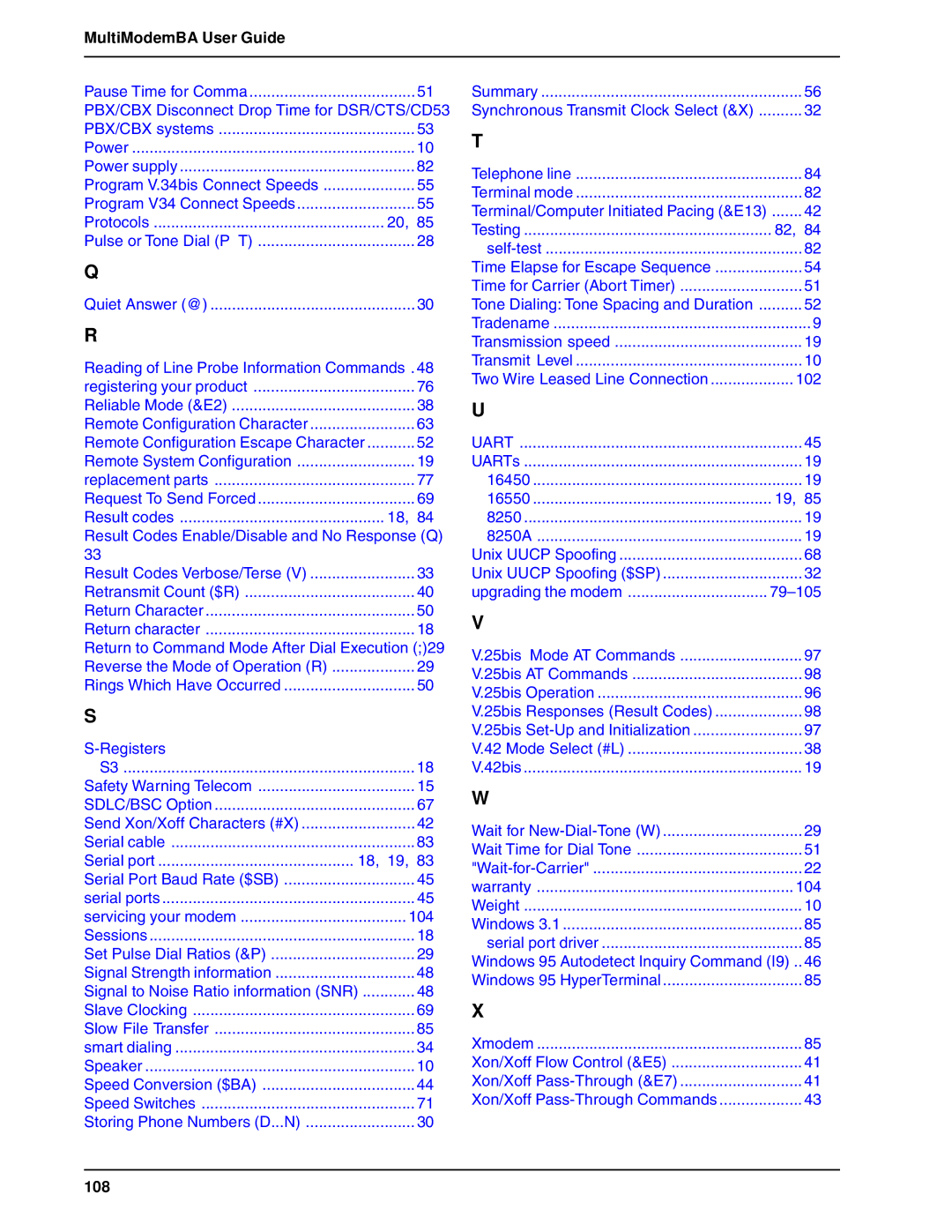 Multi-Tech Systems BA-Series manual PBX/CBX Disconnect Drop Time for DSR/CTS/CD53, 108 