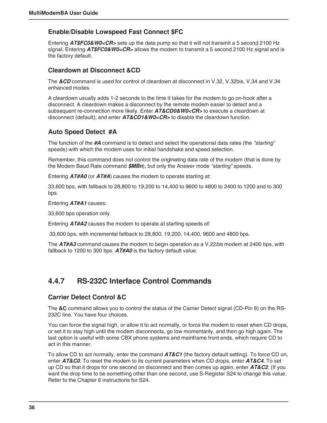 Multi-Tech Systems BA-Series manual 7 RS-232C Interface Control Commands, Enable/Disable Lowspeed Fast Connect $FC 