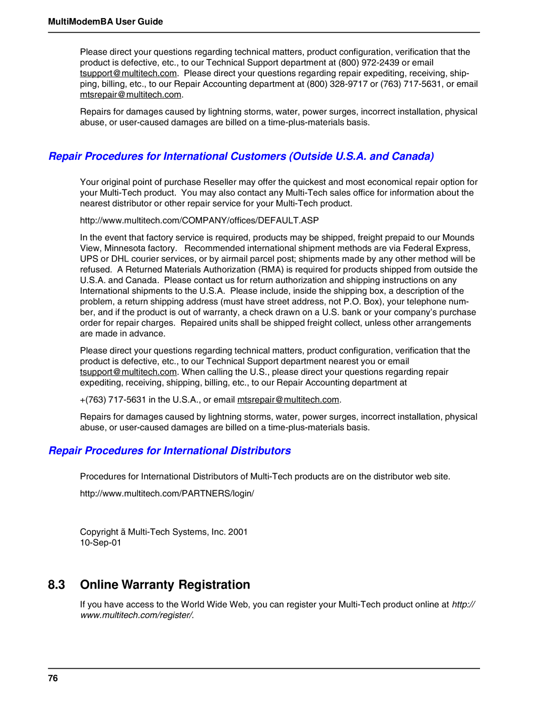 Multi-Tech Systems BA-Series manual Online Warranty Registration, Repair Procedures for International Distributors 