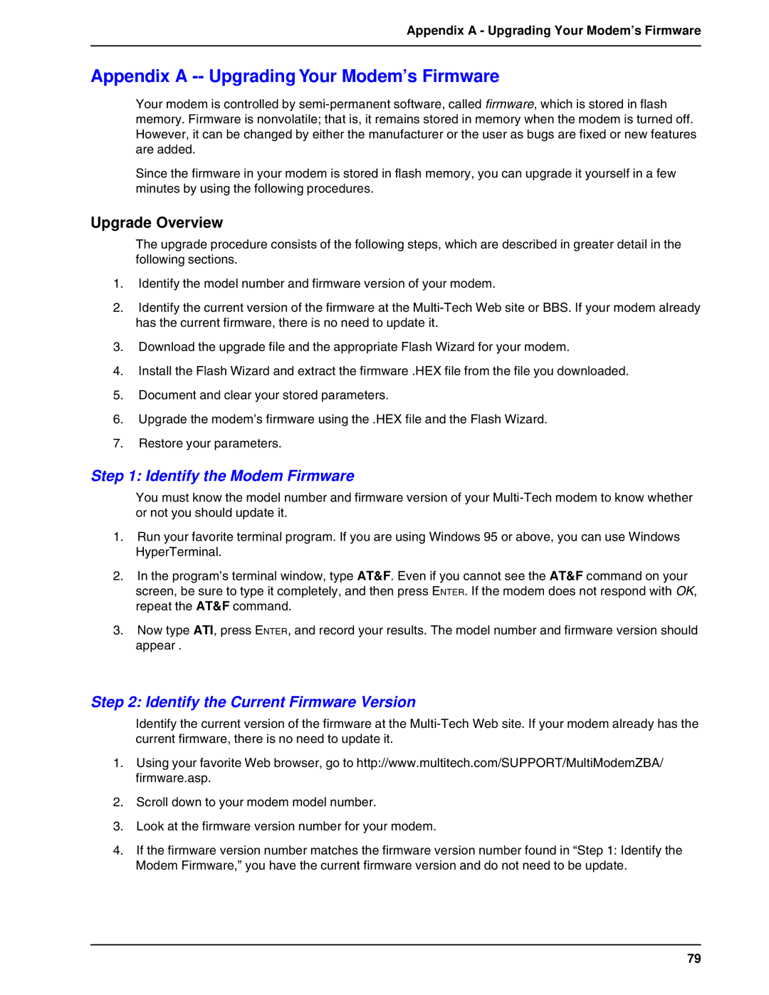 Multi-Tech Systems BA-Series manual Upgrade Overview, Appendix a Upgrading Your Modem’s Firmware 