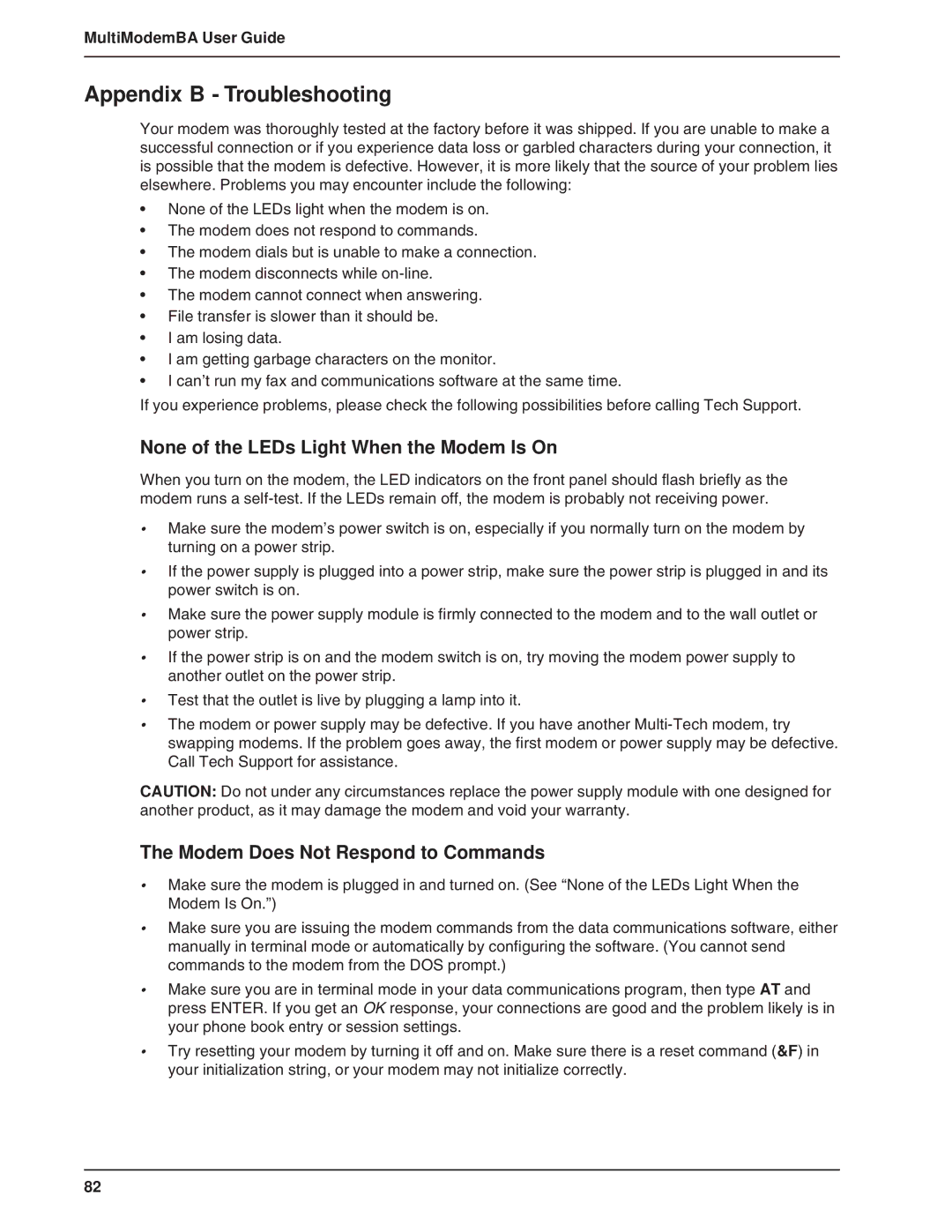 Multi-Tech Systems BA-Series manual Appendix B Troubleshooting, None of the LEDs Light When the Modem Is On 