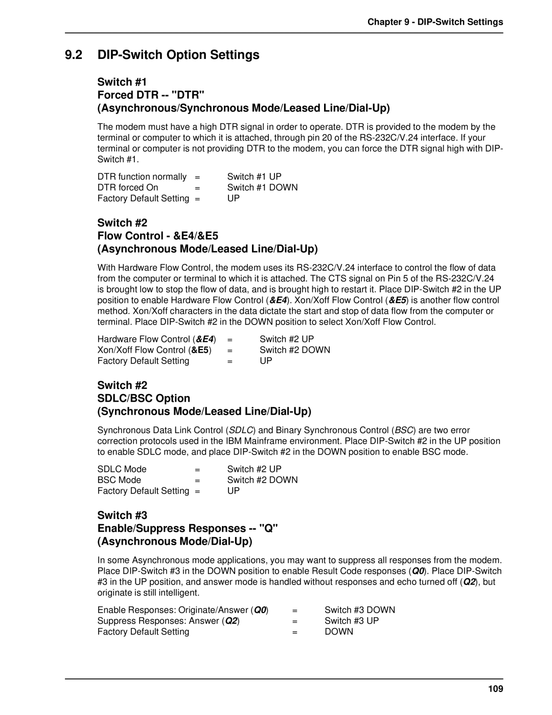 Multi-Tech Systems BL-Series manual DIP-Switch Option Settings, DIP-Switch Settings, 109 