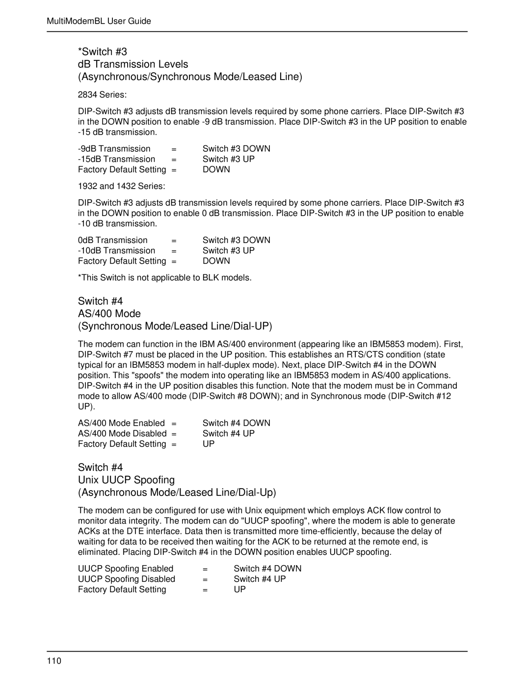 Multi-Tech Systems BL-Series manual Switch #4 AS/400 Mode Synchronous Mode/Leased Line/Dial-UP, 110 