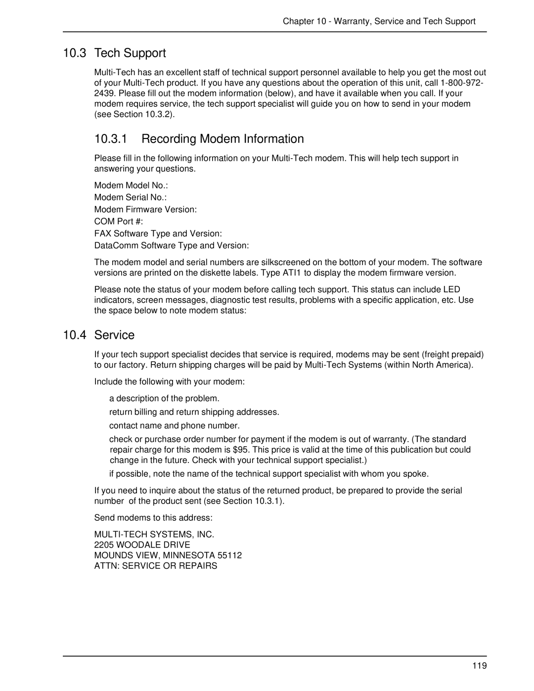 Multi-Tech Systems BL-Series manual Recording Modem Information, Warranty, Service and Tech Support, 119 