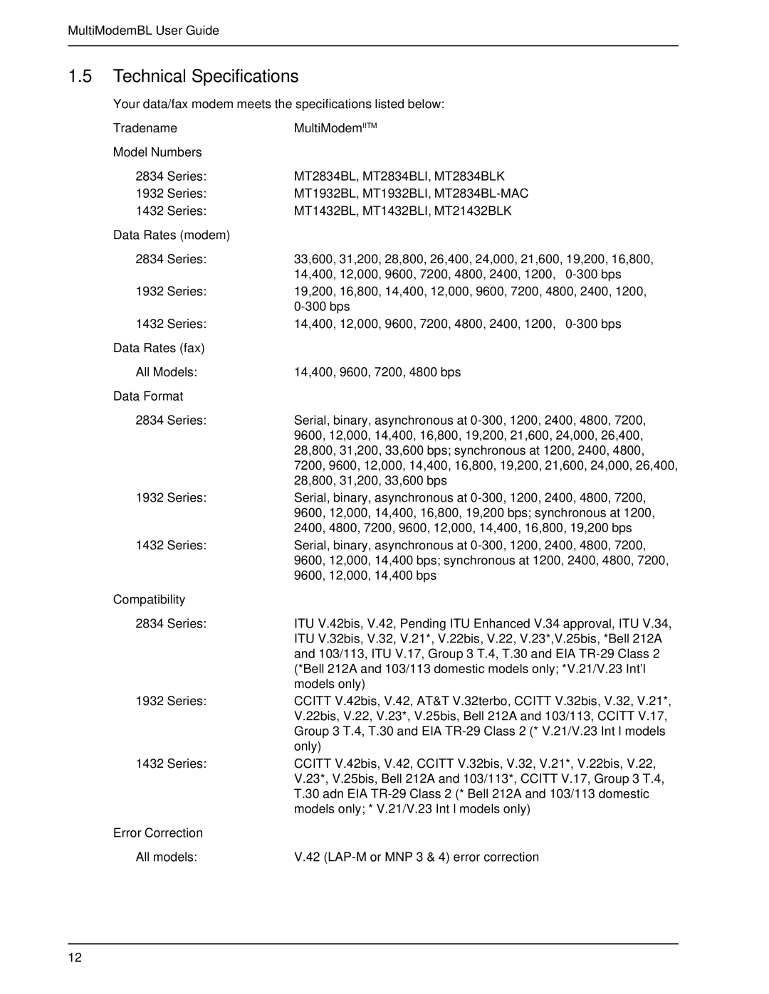 Multi-Tech Systems BL-Series manual Technical Specifications 