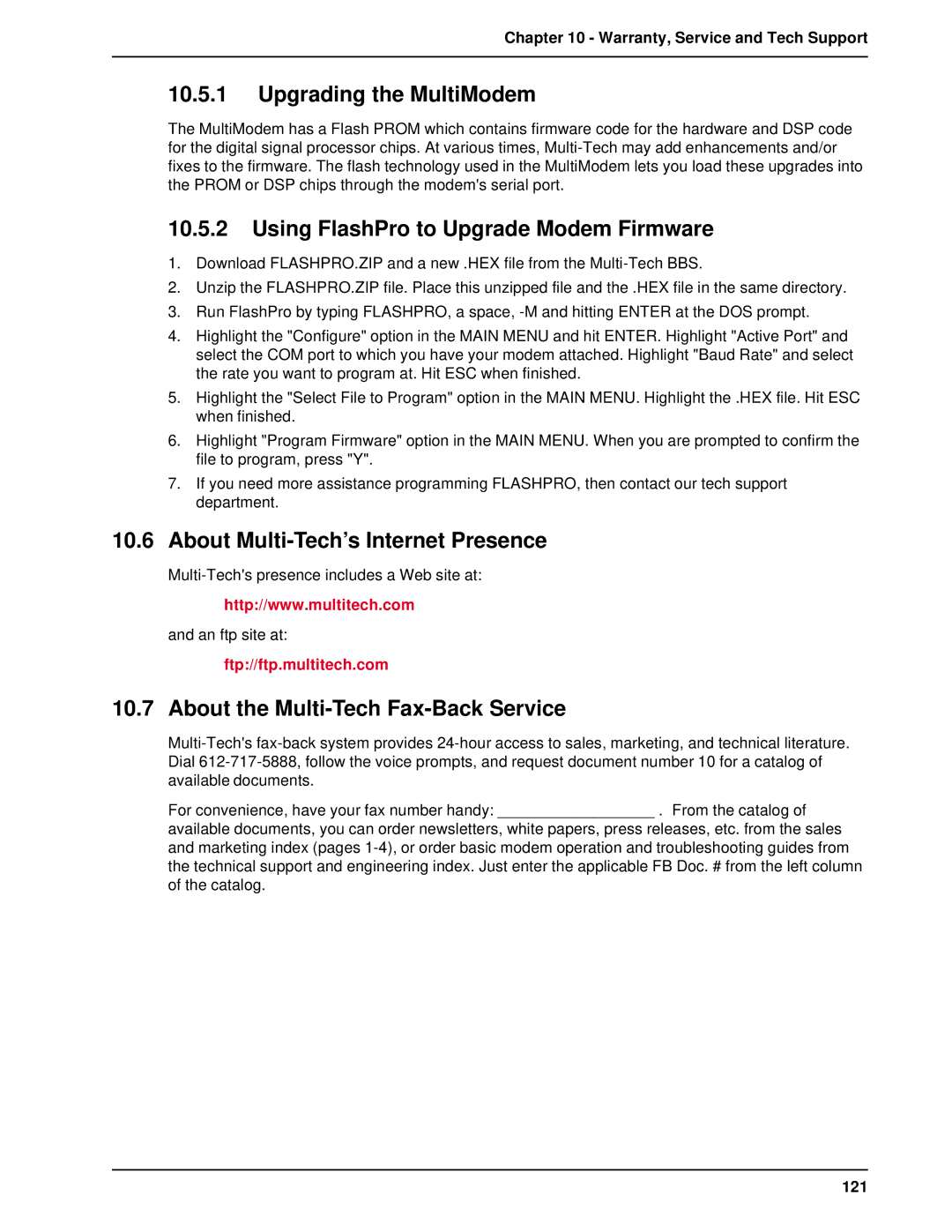 Multi-Tech Systems BL-Series manual Upgrading the MultiModem, Using FlashPro to Upgrade Modem Firmware, 121 