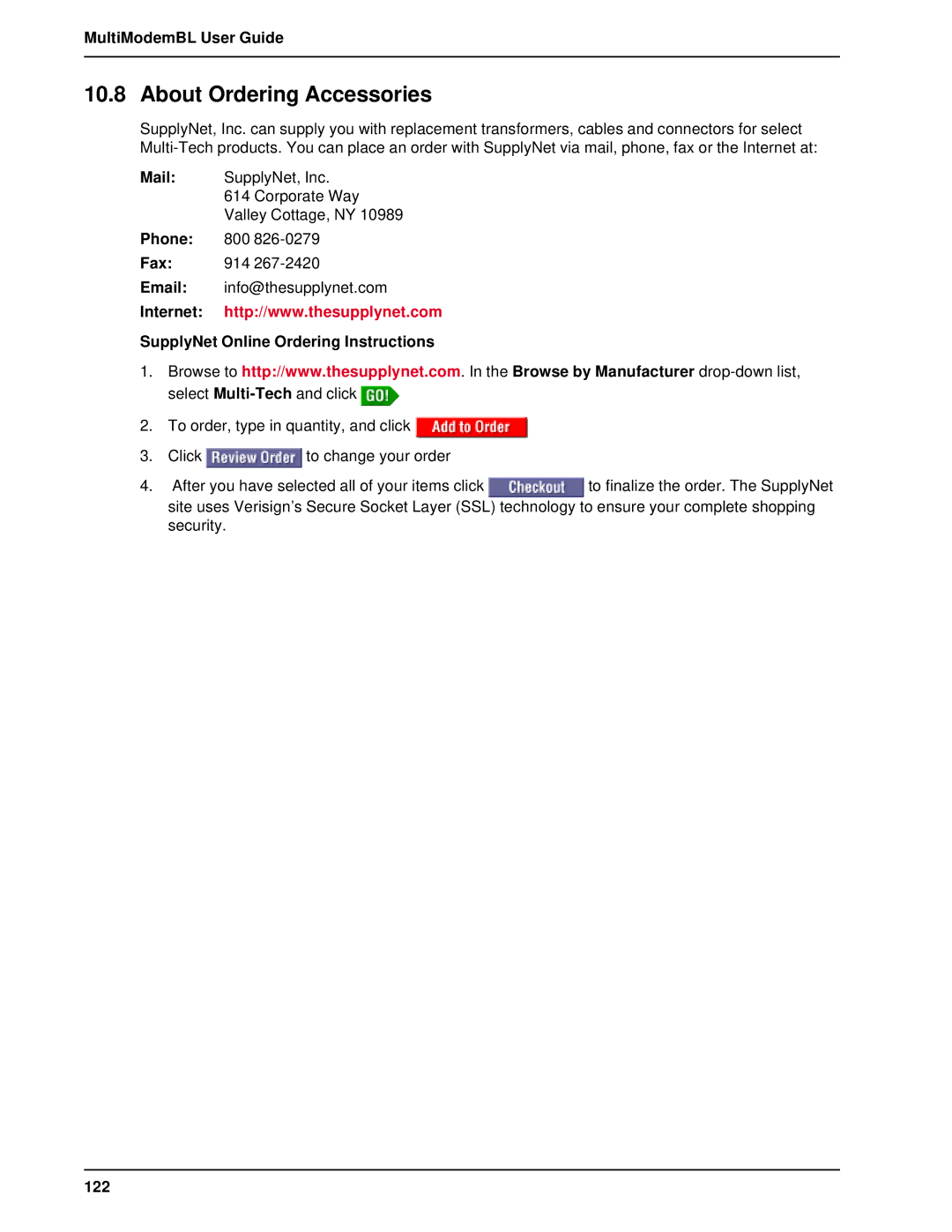 Multi-Tech Systems BL-Series manual About Ordering Accessories, SupplyNet Online Ordering Instructions, 122 