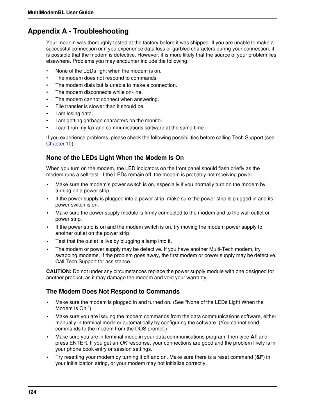 Multi-Tech Systems BL-Series manual Appendix a Troubleshooting, None of the LEDs Light When the Modem Is On, 124 