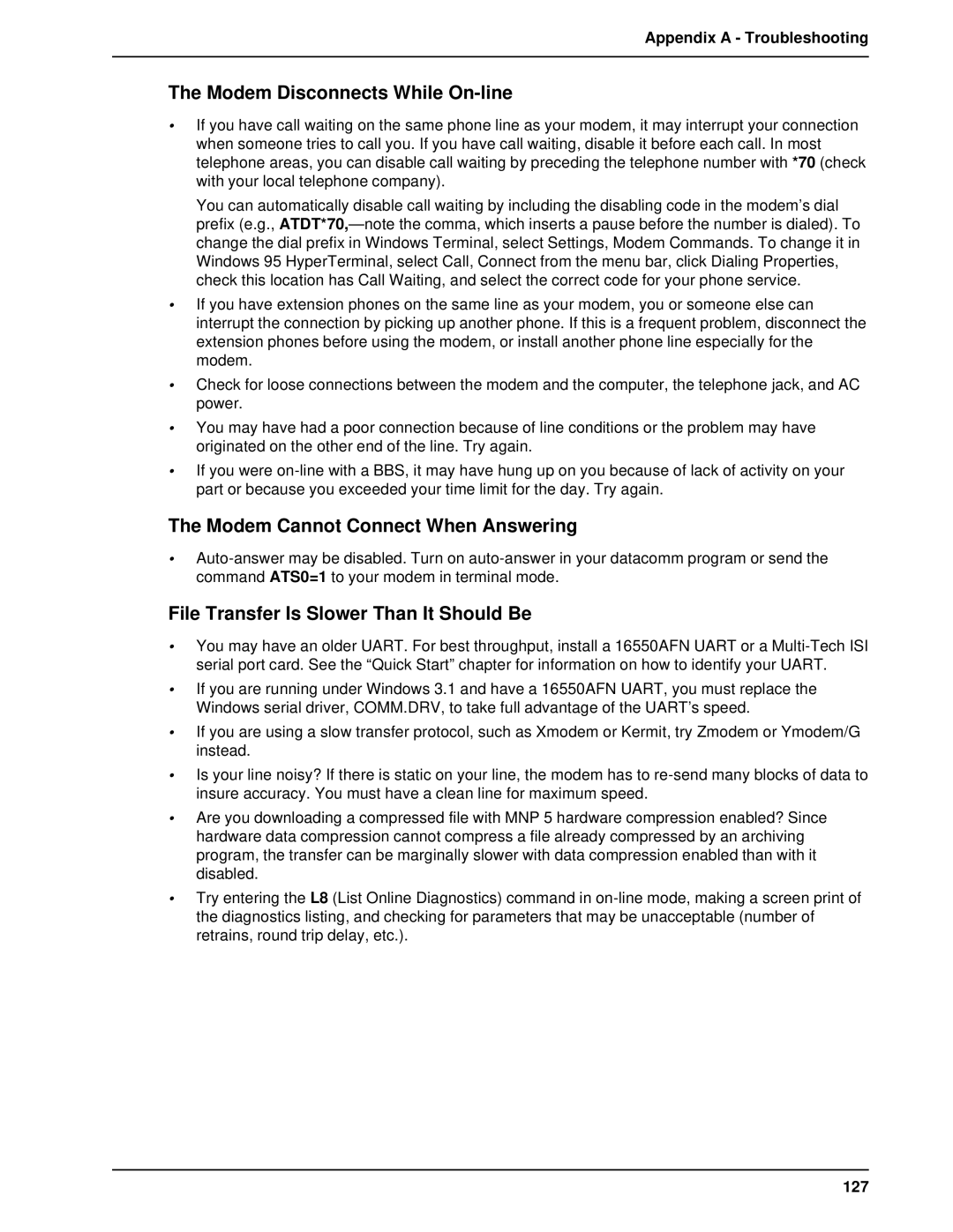 Multi-Tech Systems BL-Series manual Modem Disconnects While On-line, Modem Cannot Connect When Answering, 127 