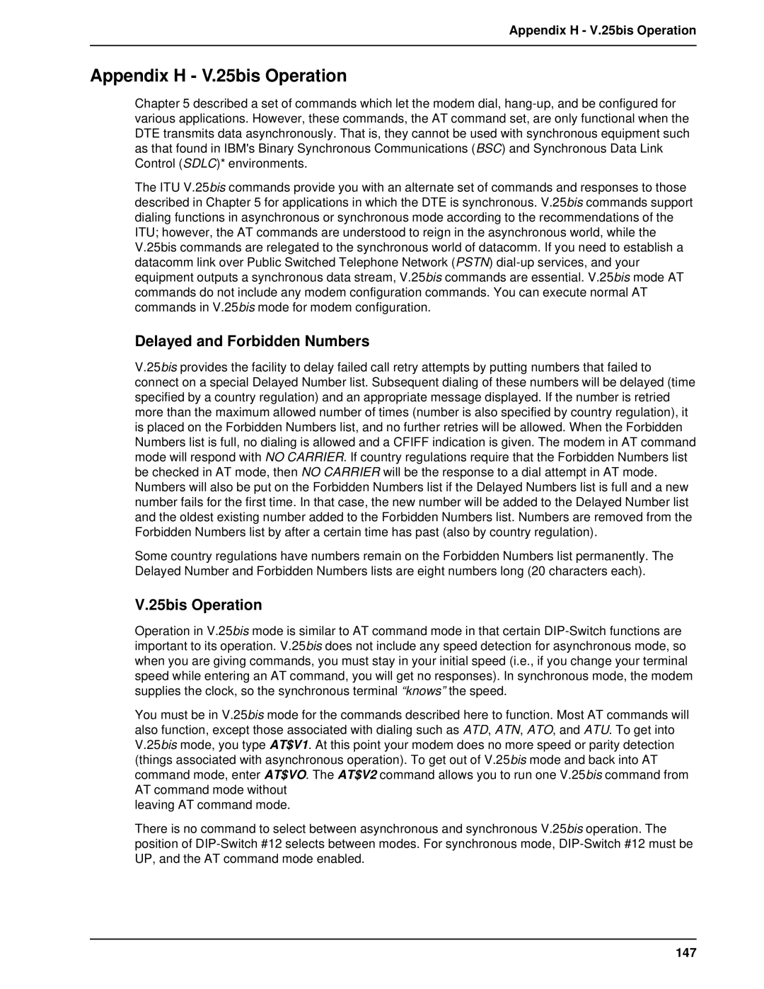 Multi-Tech Systems BL-Series manual Appendix H V.25bis Operation, Delayed and Forbidden Numbers, 147 