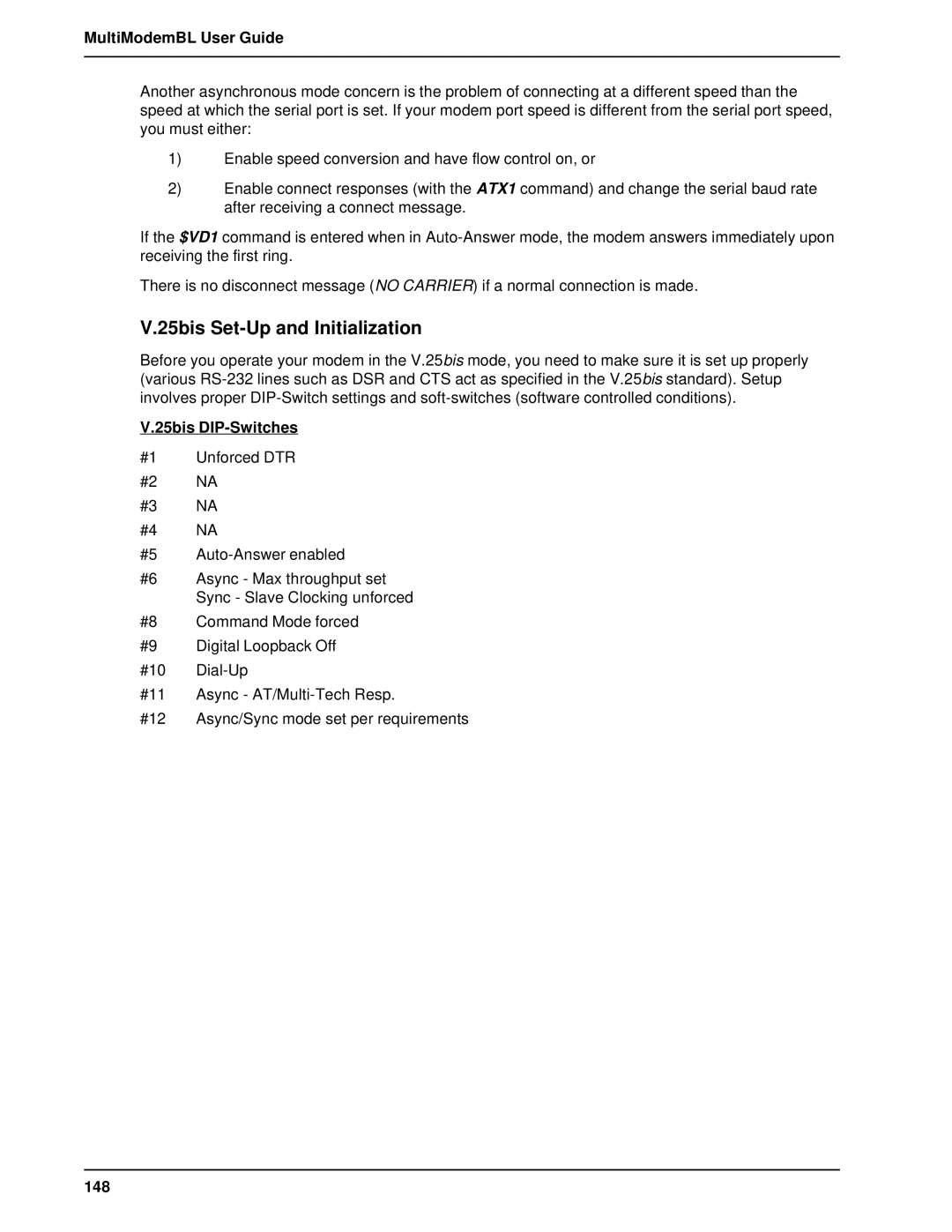 Multi-Tech Systems BL-Series manual 25bis Set-Up and Initialization, 25bis DIP-Switches, 148 