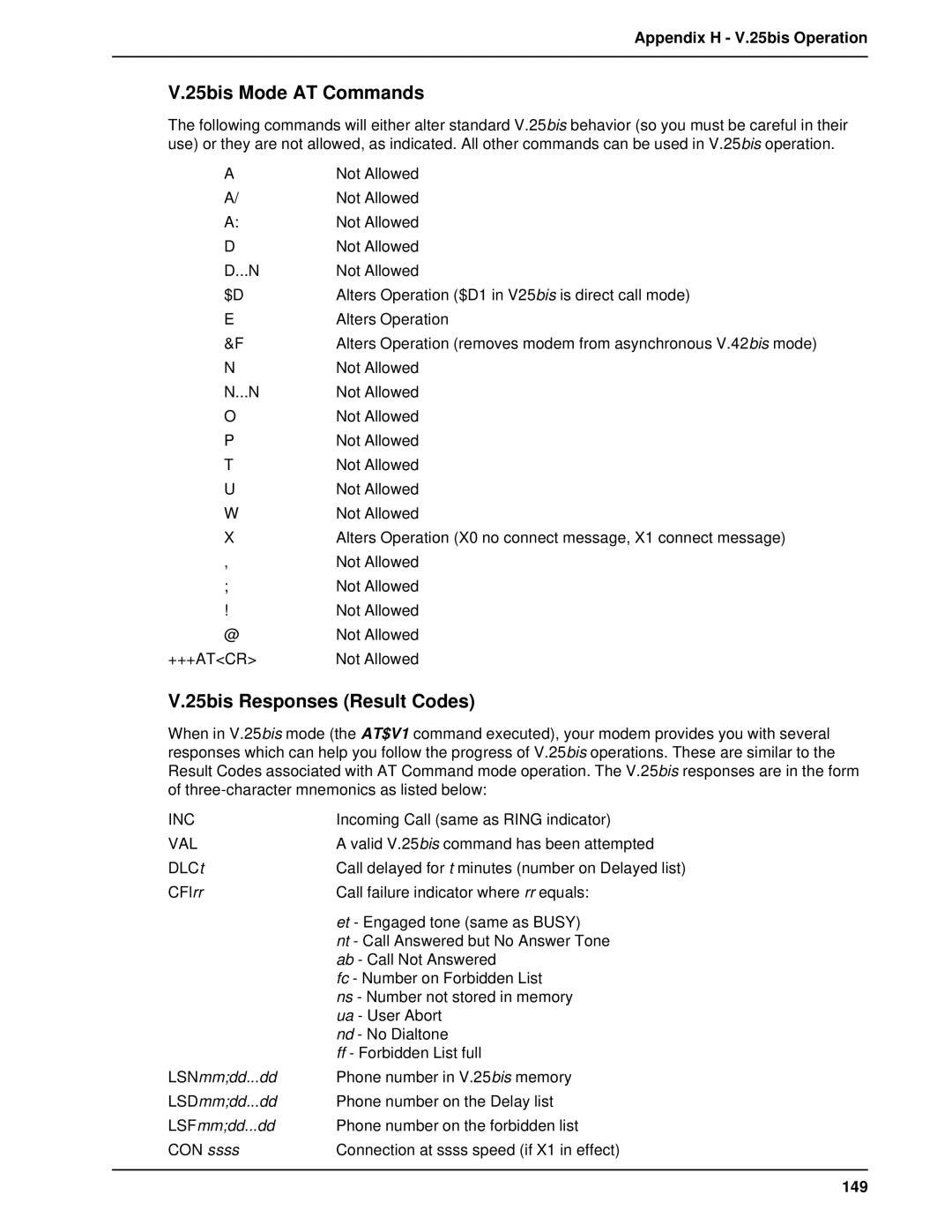 Multi-Tech Systems BL-Series manual 25bis Mode AT Commands, 25bis Responses Result Codes, 149 