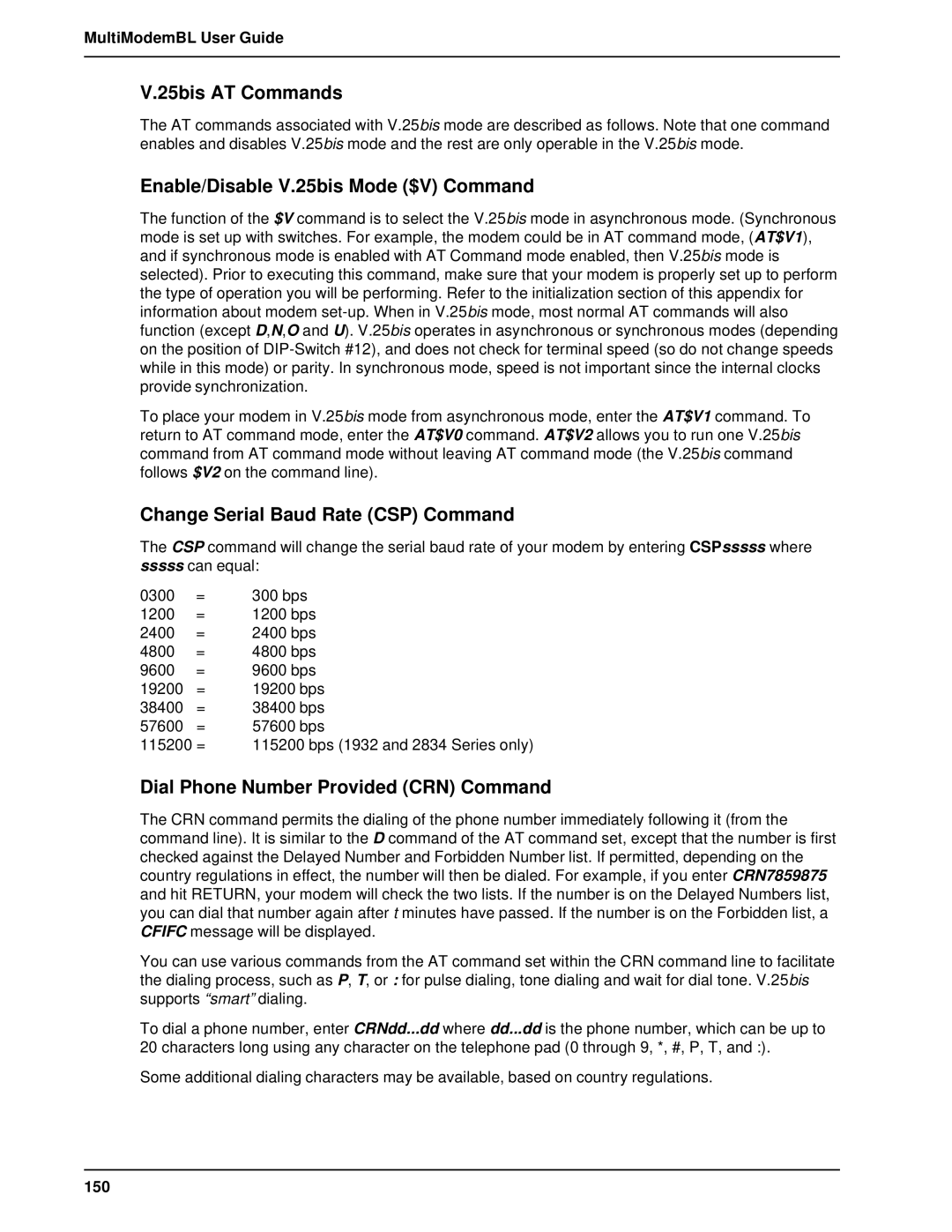 Multi-Tech Systems BL-Series manual 25bis AT Commands, Enable/Disable V.25bis Mode $V Command, 150 