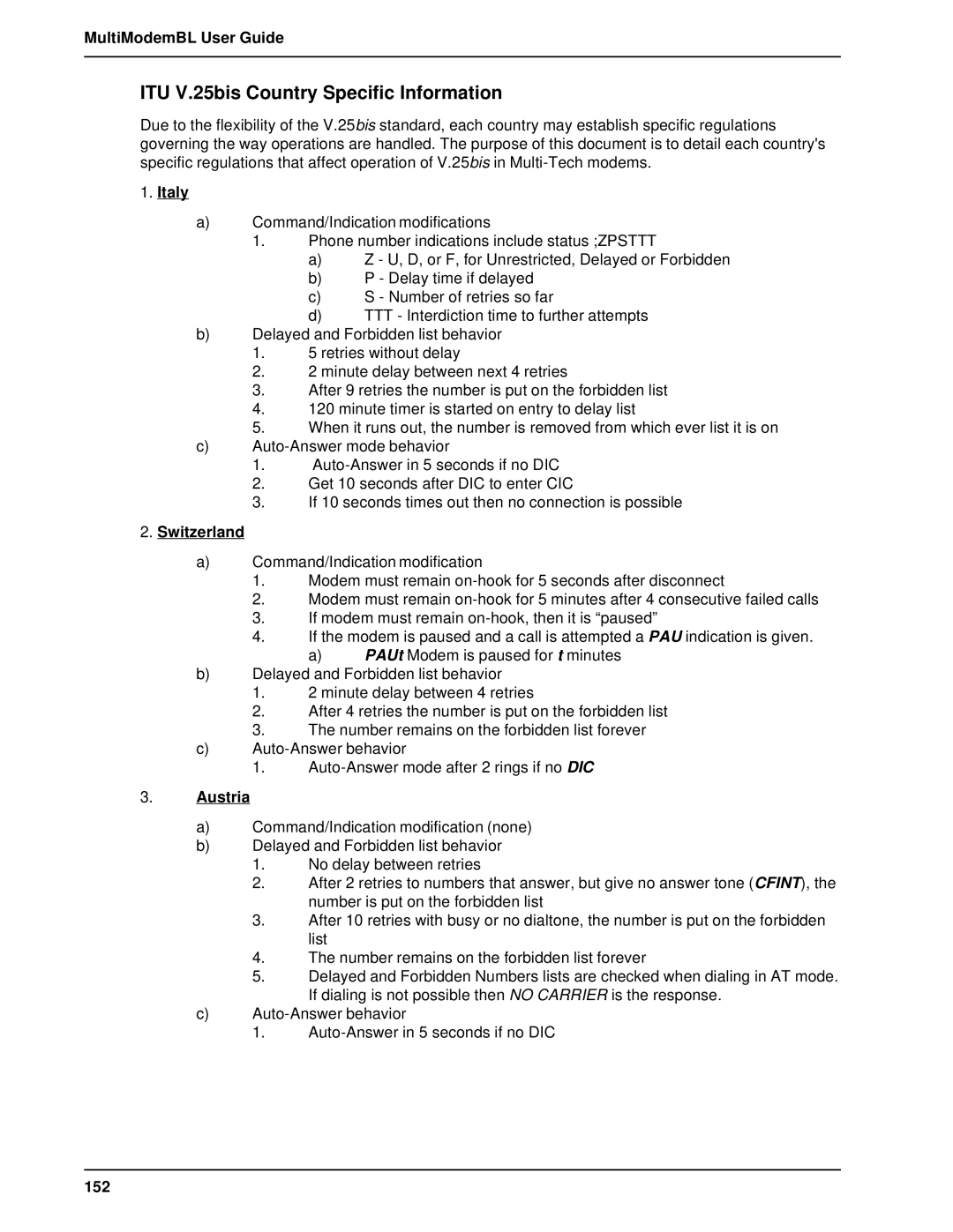 Multi-Tech Systems BL-Series manual ITU V.25bis Country Specific Information, Italy, Switzerland, Austria, 152 