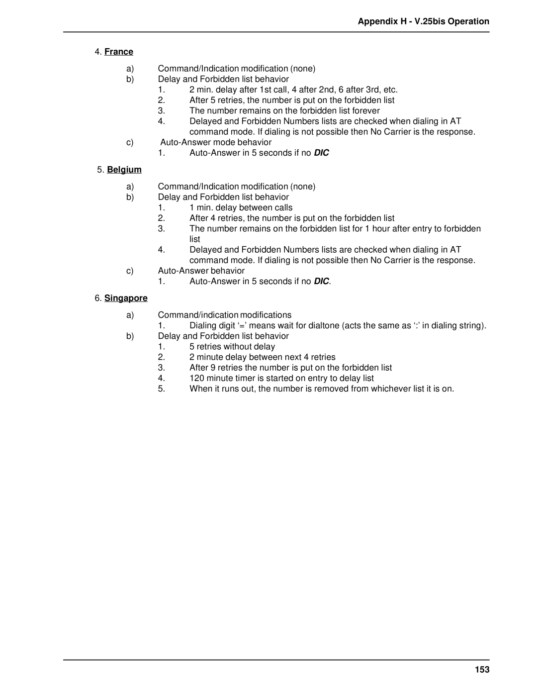 Multi-Tech Systems BL-Series manual Appendix H V.25bis Operation France, Belgium, Singapore, 153 