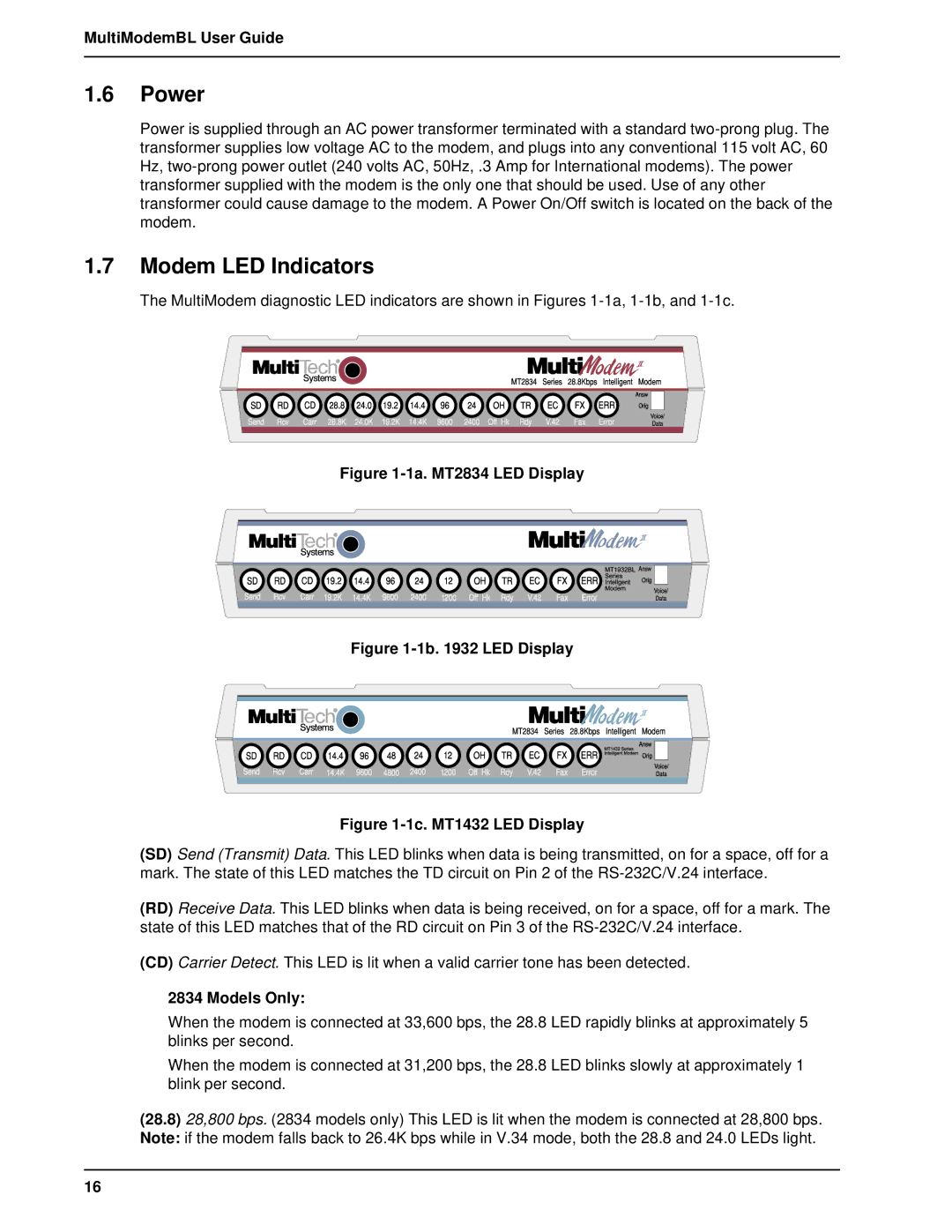 Multi-Tech Systems BL-Series manual Power, Modem LED Indicators, Models Only 