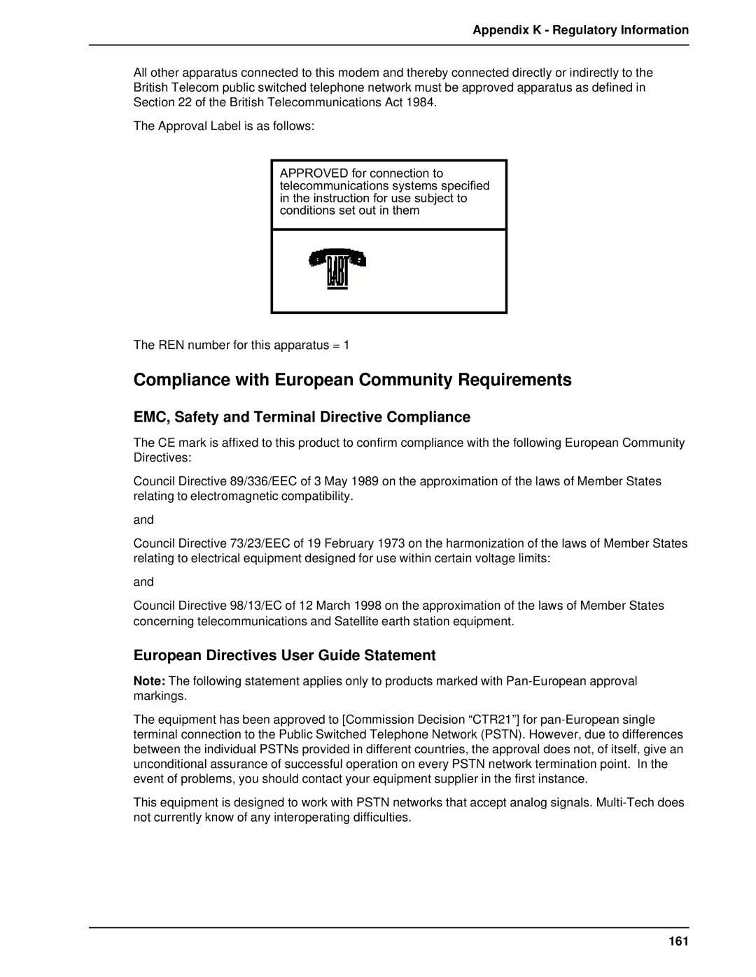 Multi-Tech Systems BL-Series Compliance with European Community Requirements, European Directives User Guide Statement 