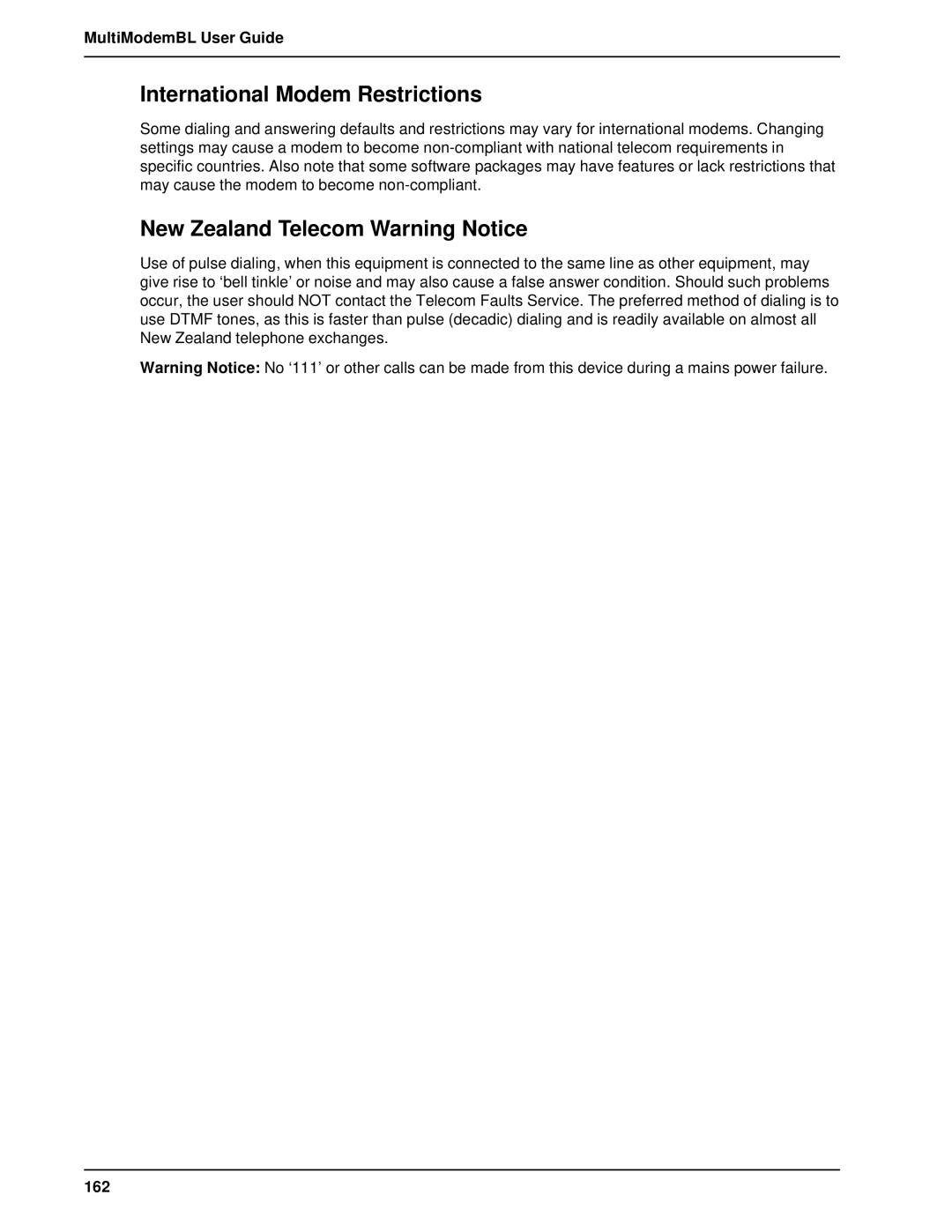 Multi-Tech Systems BL-Series manual International Modem Restrictions, New Zealand Telecom Warning Notice, 162 