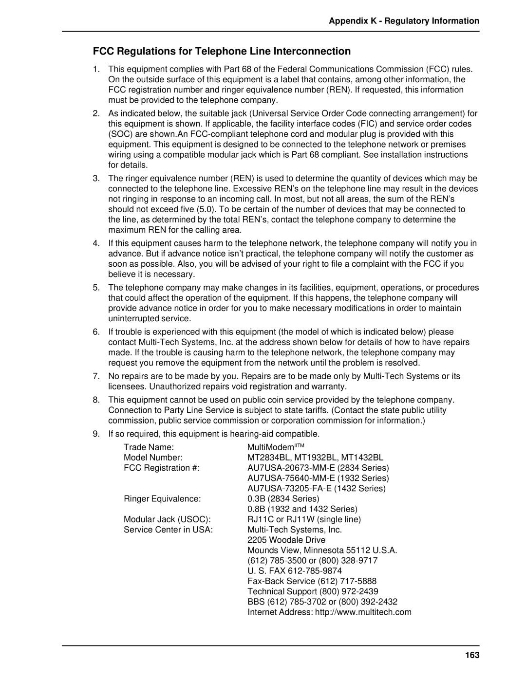 Multi-Tech Systems BL-Series manual FCC Regulations for Telephone Line Interconnection, 163 