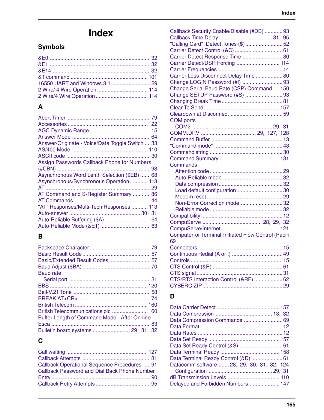 Multi-Tech Systems BL-Series manual Index, 165 