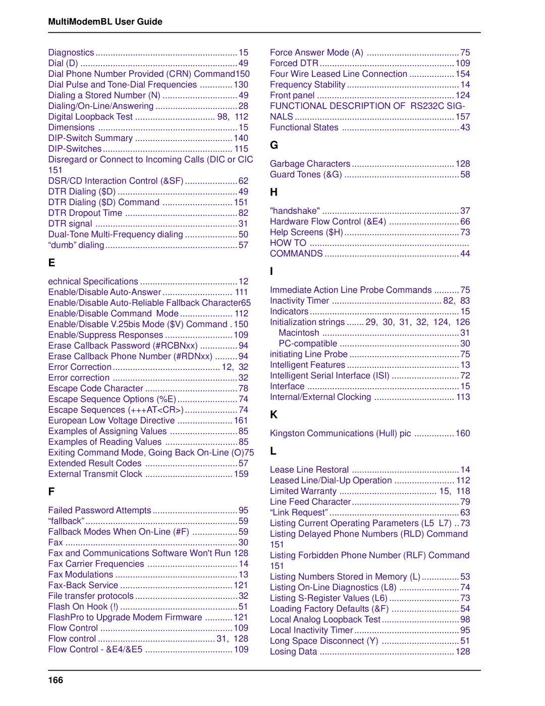 Multi-Tech Systems BL-Series manual Functional Description of RS232C SIG, 166 