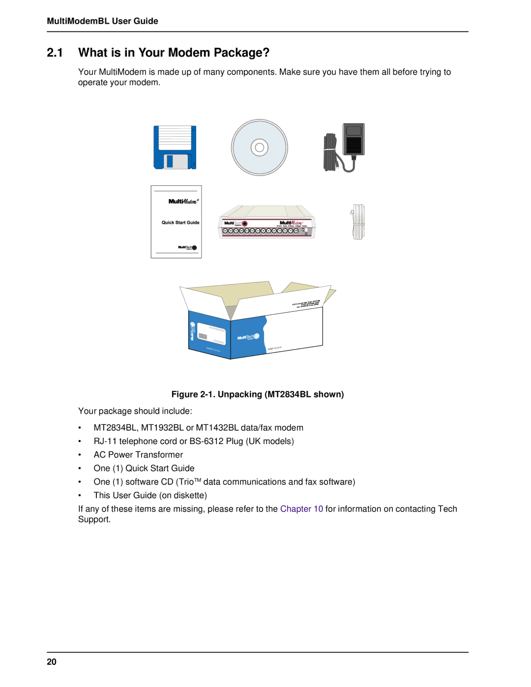 Multi-Tech Systems BL-Series manual What is in Your Modem Package?, Unpacking MT2834BL shown 