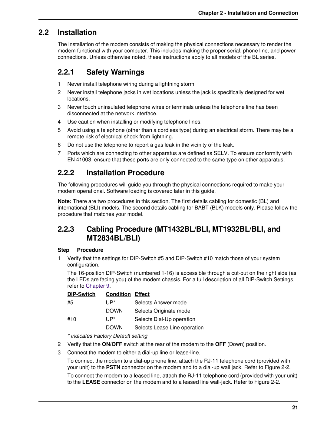 Multi-Tech Systems BL-Series manual Safety Warnings, Installation Procedure 