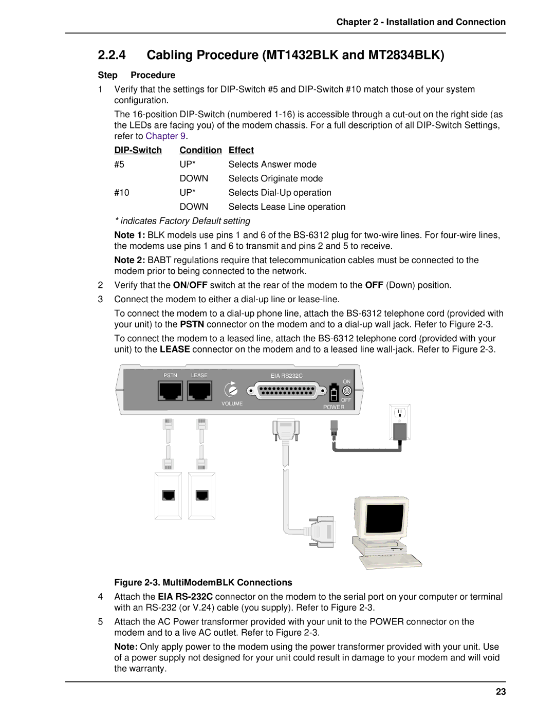 Multi-Tech Systems BL-Series manual Cabling Procedure MT1432BLK and MT2834BLK, MultiModemBLK Connections 