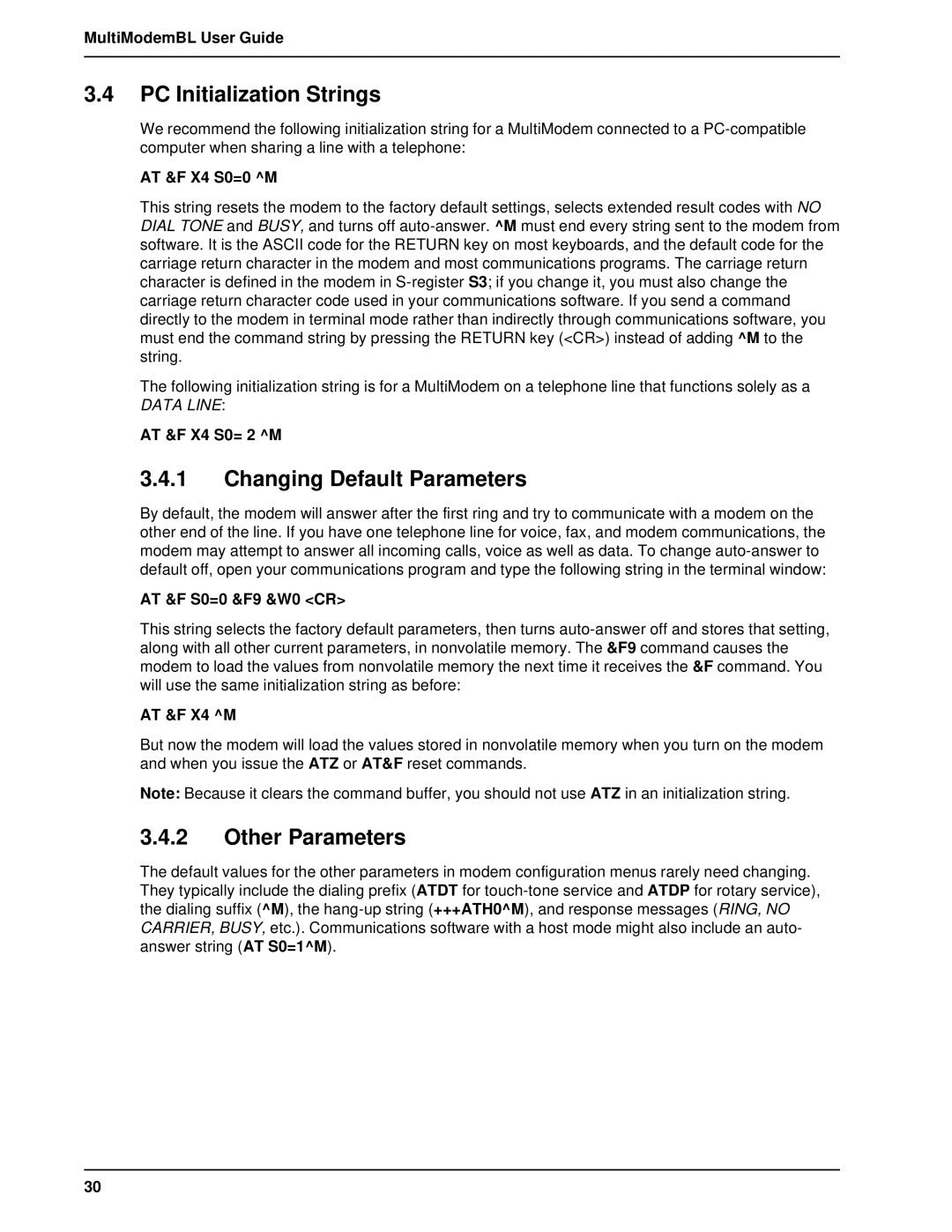 Multi-Tech Systems BL-Series manual PC Initialization Strings, Changing Default Parameters, Other Parameters 