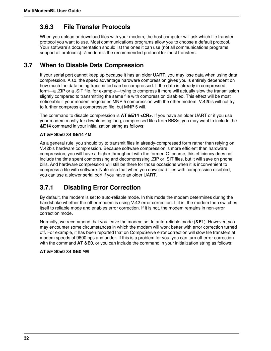 Multi-Tech Systems BL-Series manual File Transfer Protocols, When to Disable Data Compression, Disabling Error Correction 