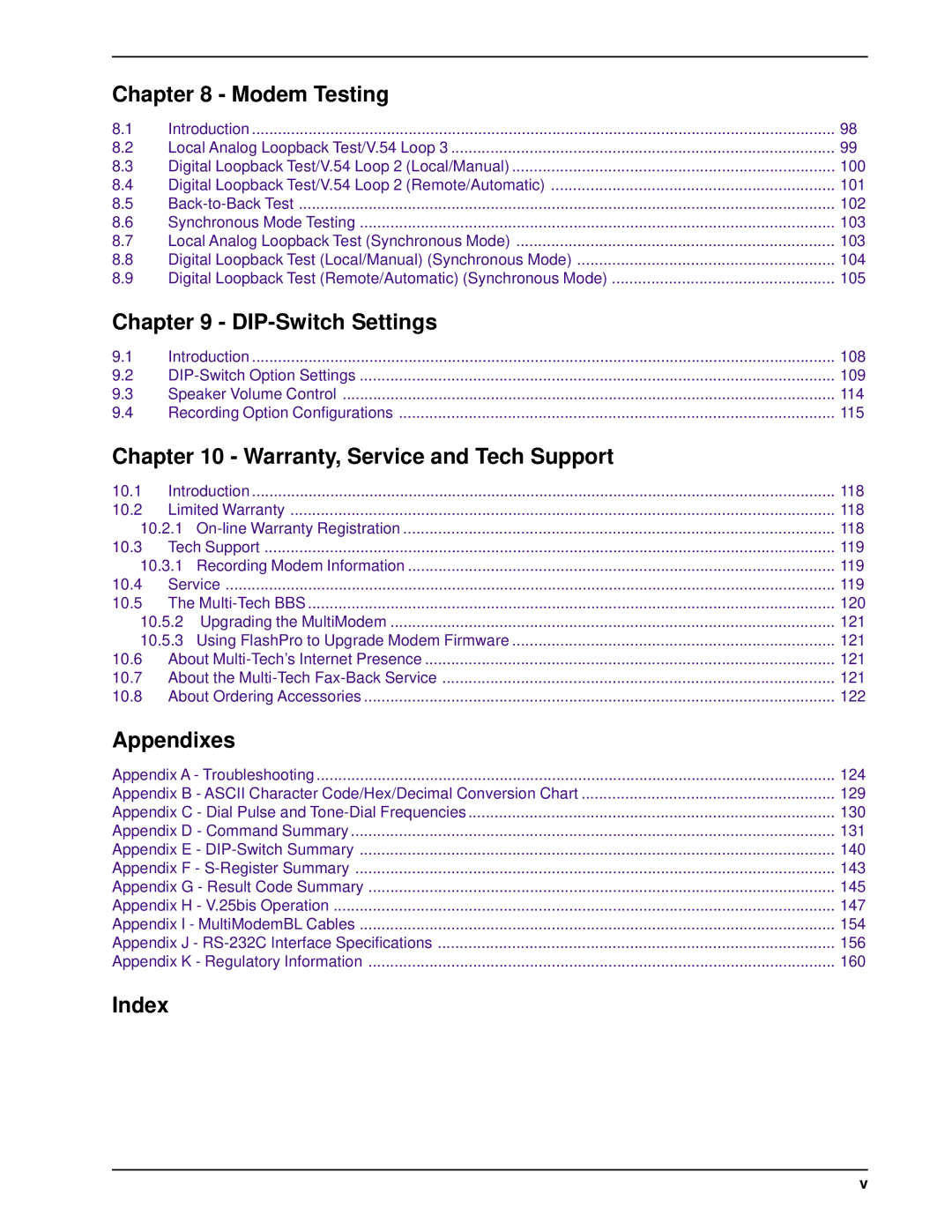 Multi-Tech Systems BL-Series Modem Testing, DIP-Switch Settings, Warranty, Service and Tech Support, Appendixes, Index 