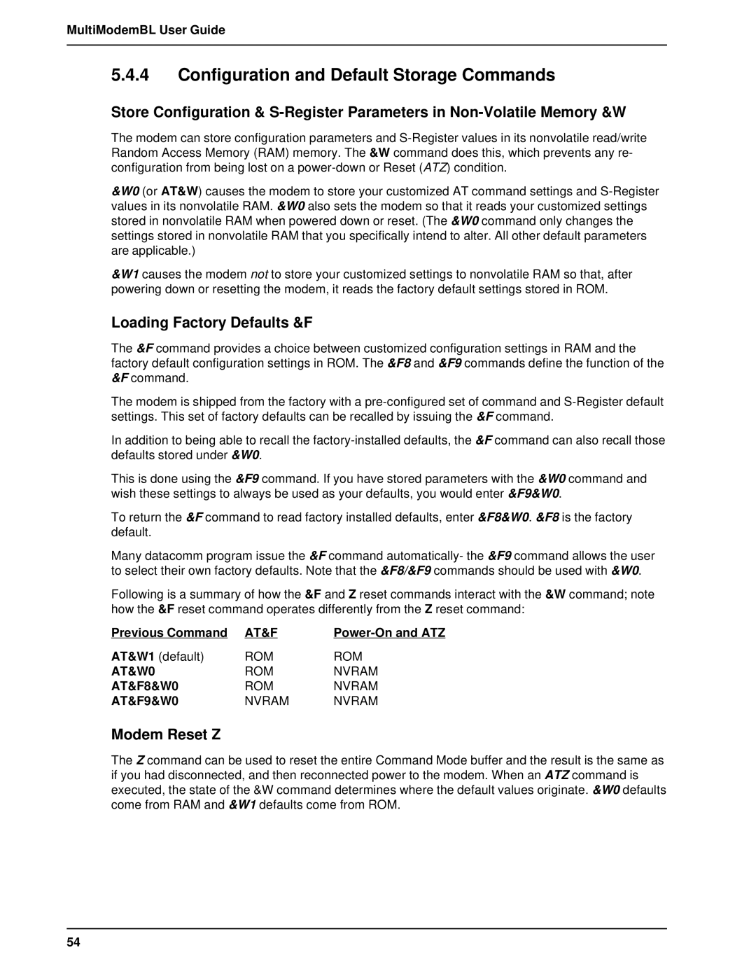 Multi-Tech Systems BL-Series manual Configuration and Default Storage Commands, Loading Factory Defaults &F, Modem Reset Z 