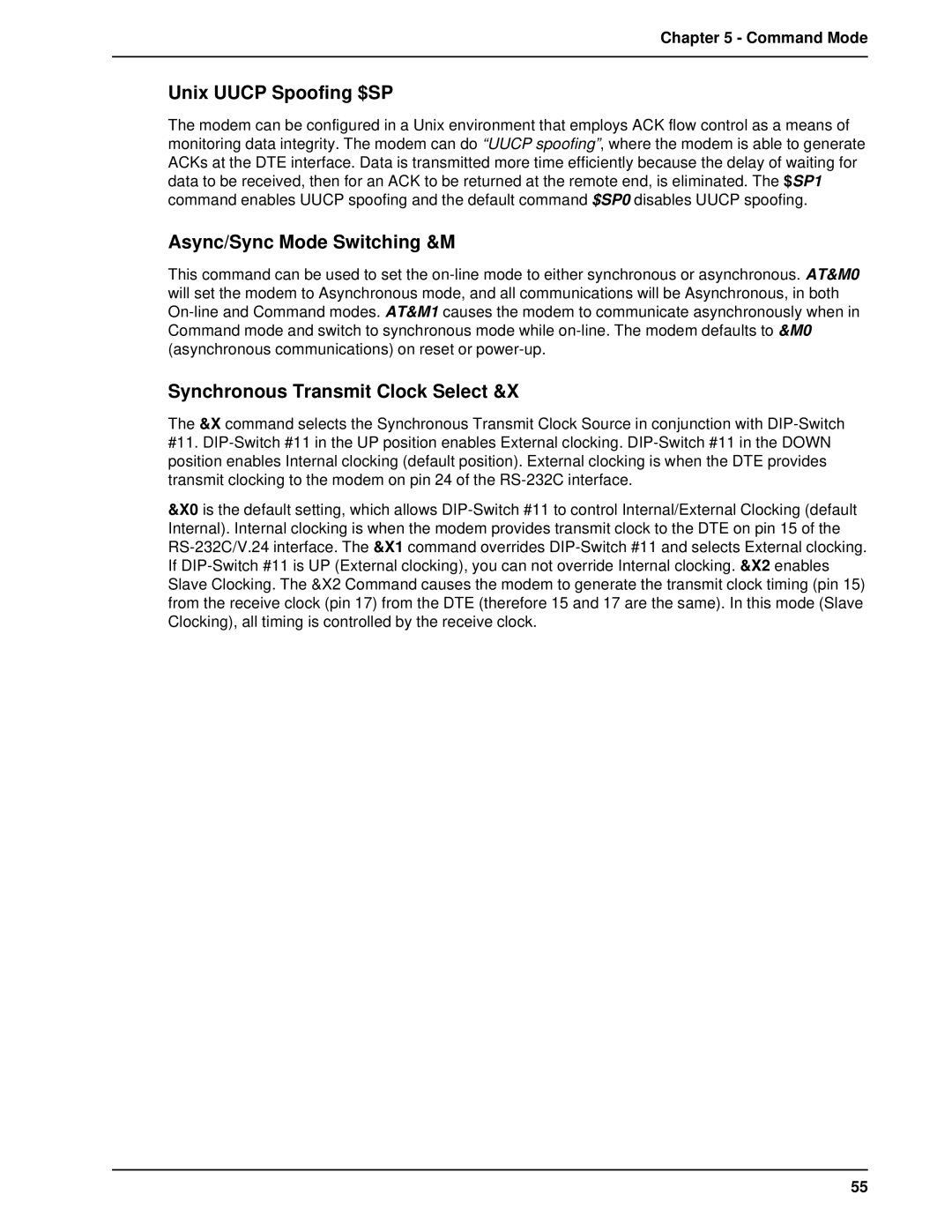 Multi-Tech Systems BL-Series Unix Uucp Spoofing $SP, Async/Sync Mode Switching &M, Synchronous Transmit Clock Select &X 