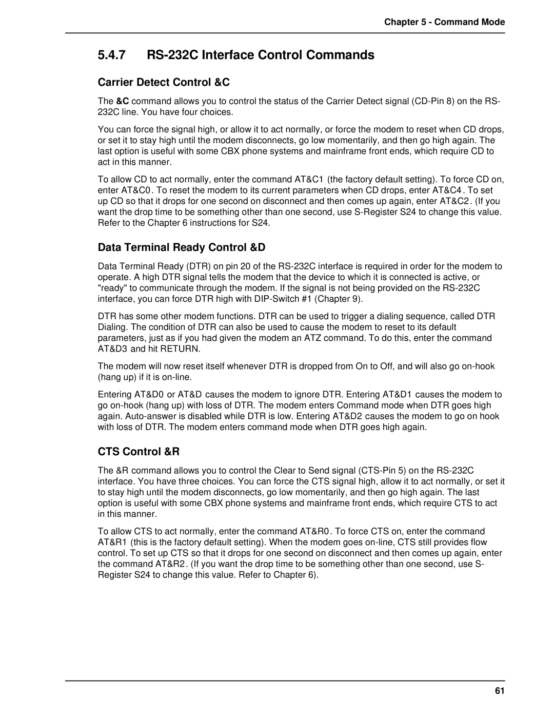 Multi-Tech Systems BL-Series manual 7 RS-232C Interface Control Commands, Carrier Detect Control &C, CTS Control &R 