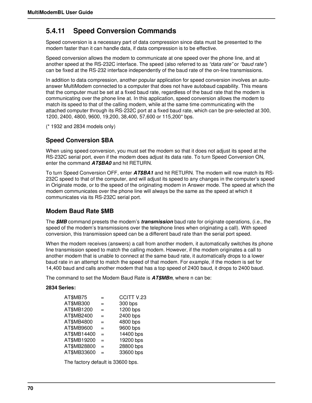 Multi-Tech Systems BL-Series manual Speed Conversion Commands, Speed Conversion $BA, Modem Baud Rate $MB 