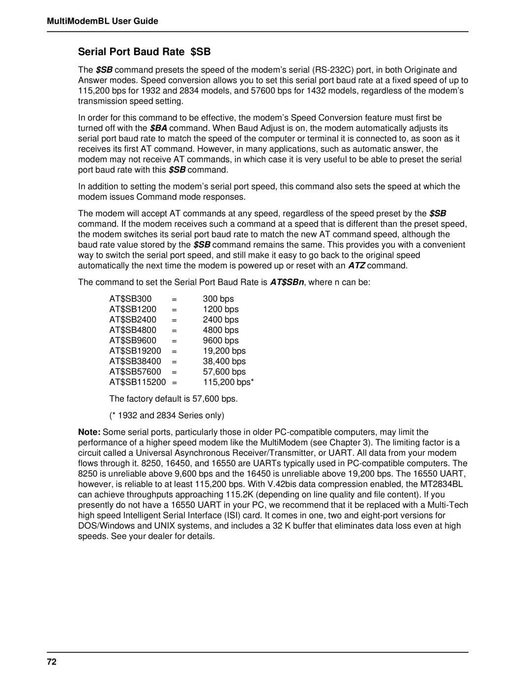 Multi-Tech Systems BL-Series manual Serial Port Baud Rate $SB 