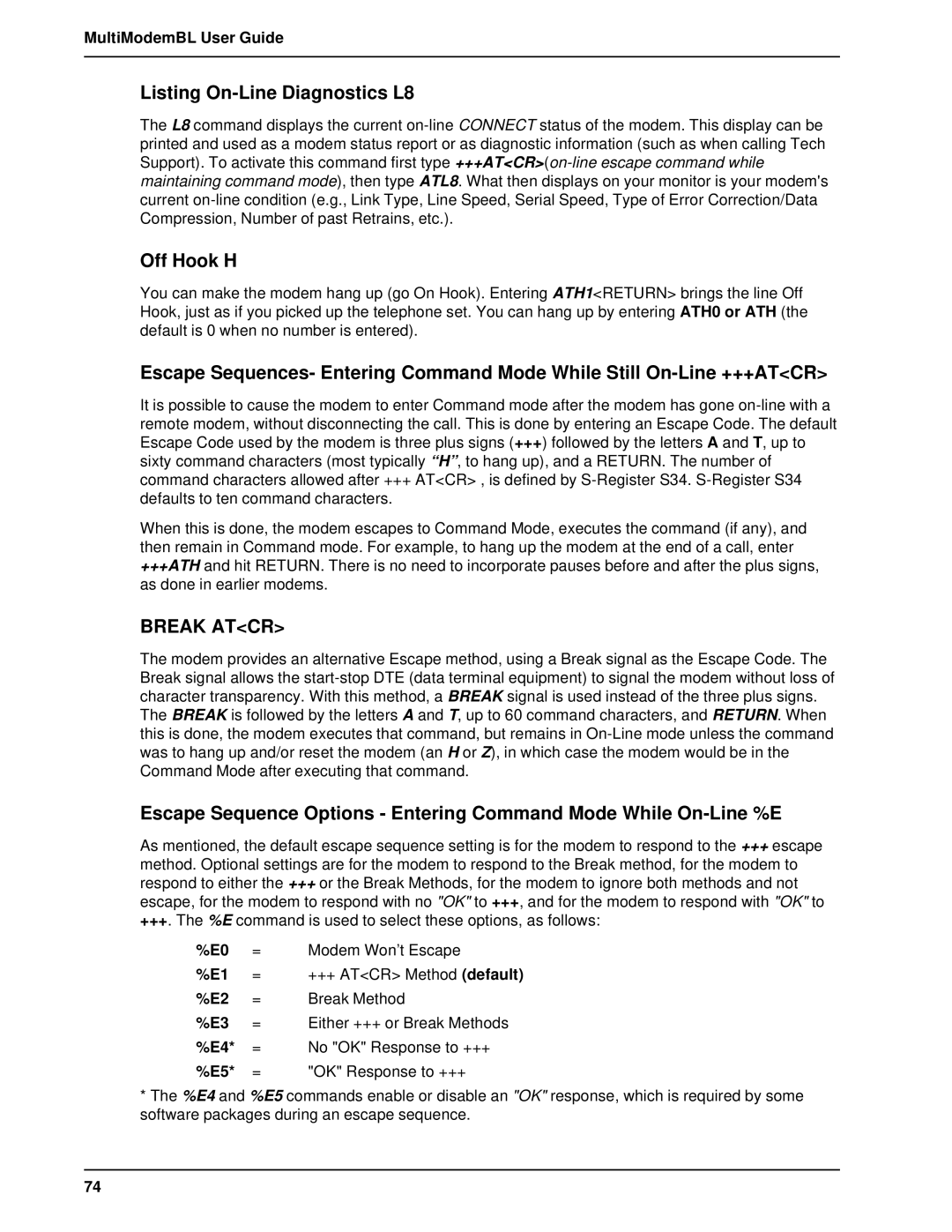 Multi-Tech Systems BL-Series manual Listing On-Line Diagnostics L8, Off Hook H 