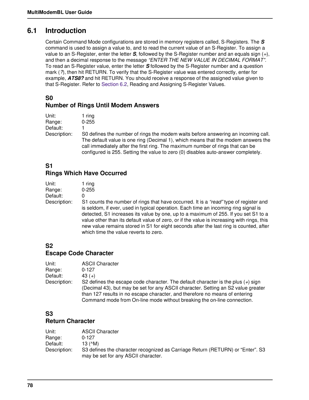 Multi-Tech Systems BL-Series manual Number of Rings Until Modem Answers, Rings Which Have Occurred, Escape Code Character 