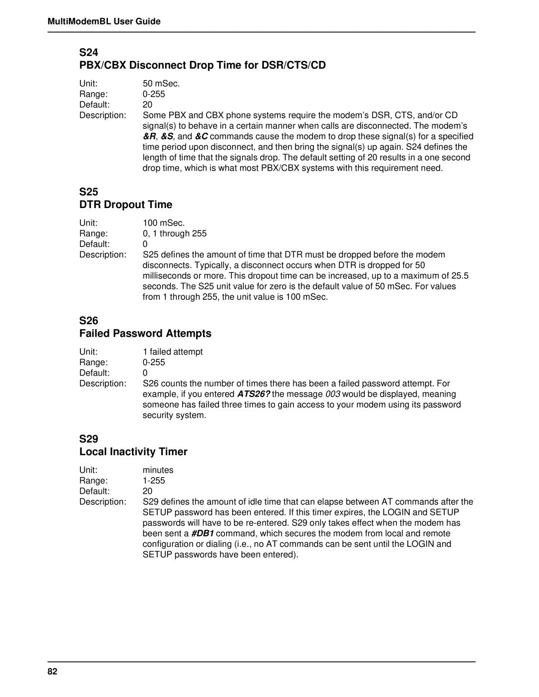 Multi-Tech Systems BL-Series manual S24 PBX/CBX Disconnect Drop Time for DSR/CTS/CD, S25 DTR Dropout Time 