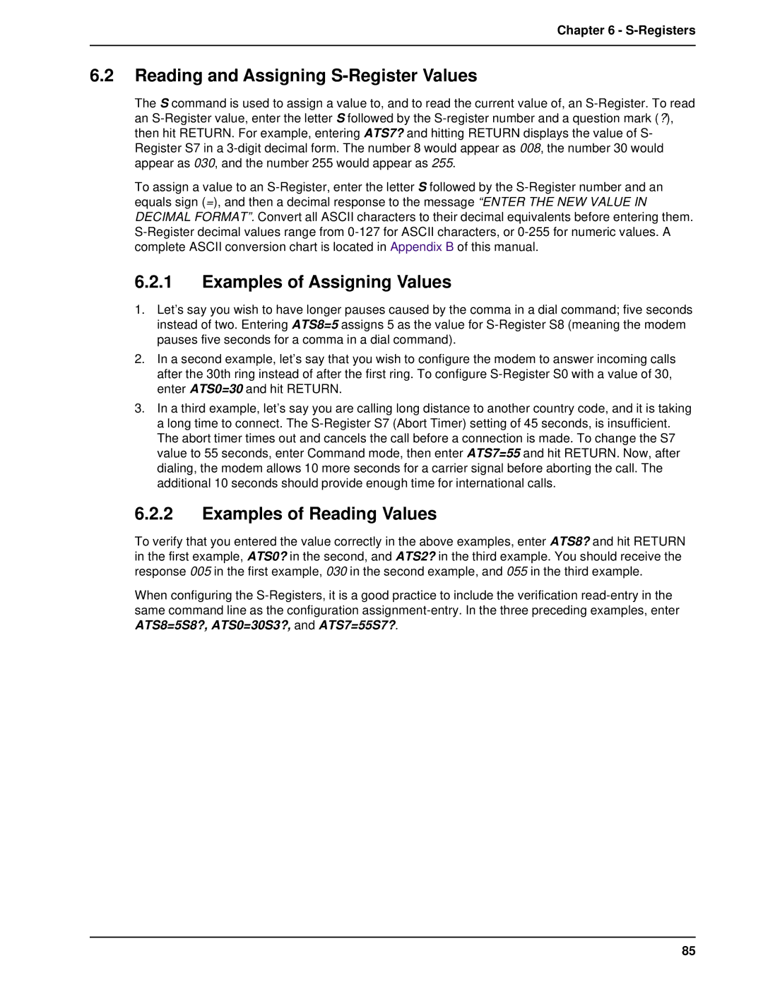 Multi-Tech Systems BL-Series manual Reading and Assigning S-Register Values, Examples of Assigning Values 