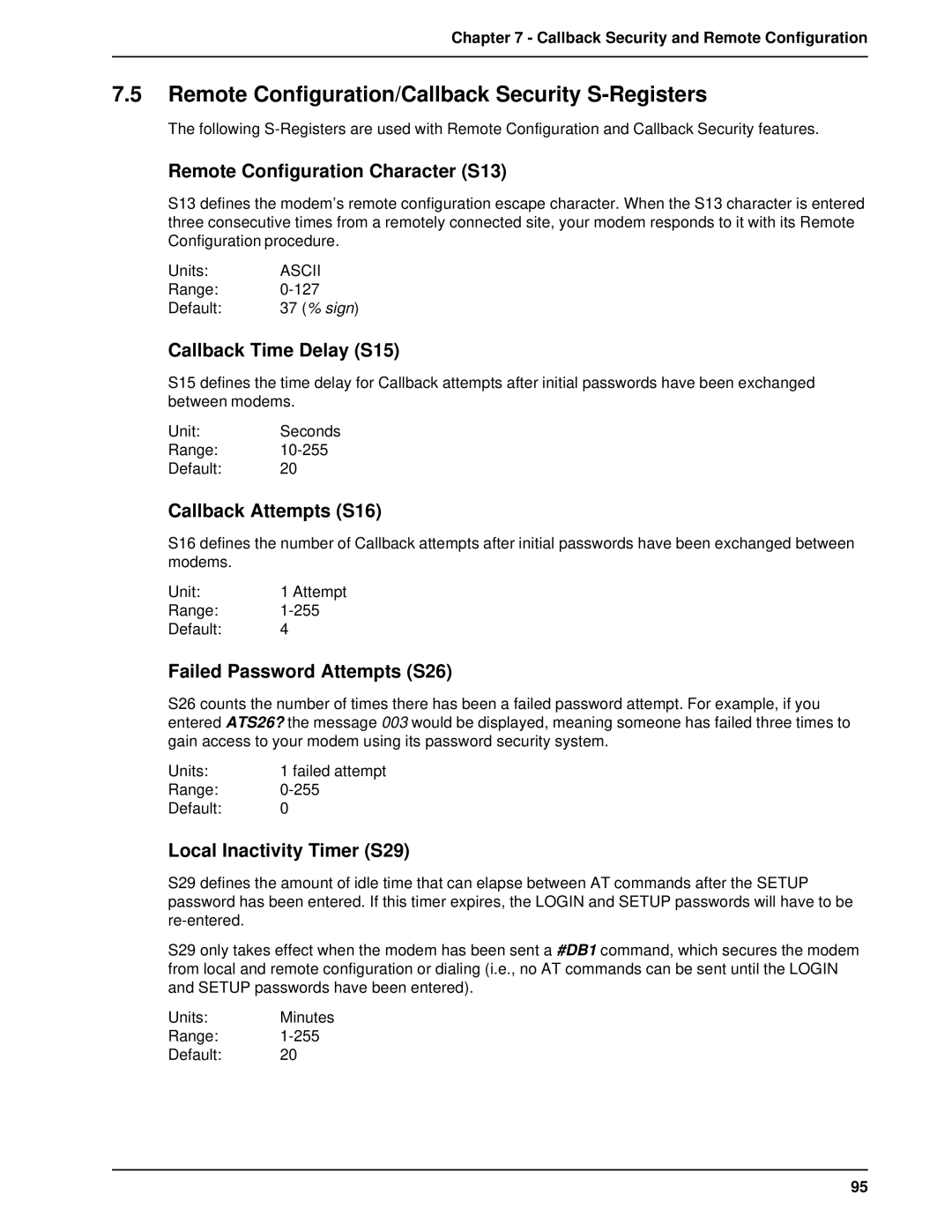 Multi-Tech Systems BL-Series manual Remote Configuration/Callback Security S-Registers 