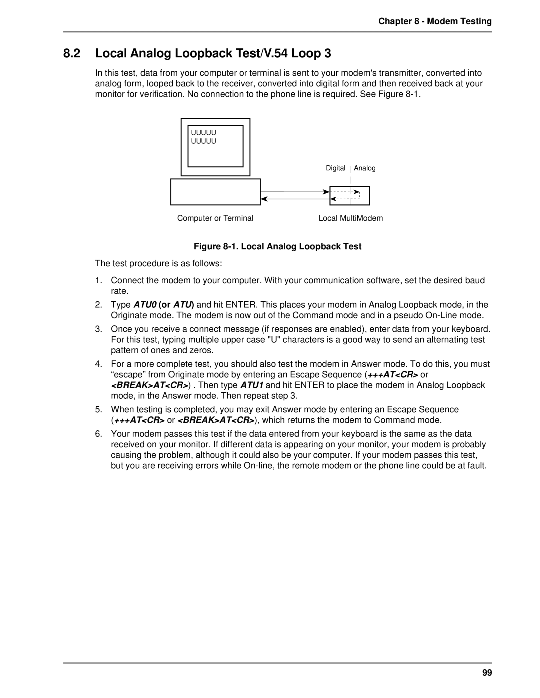 Multi-Tech Systems BL-Series manual Local Analog Loopback Test/V.54 Loop, Modem Testing 