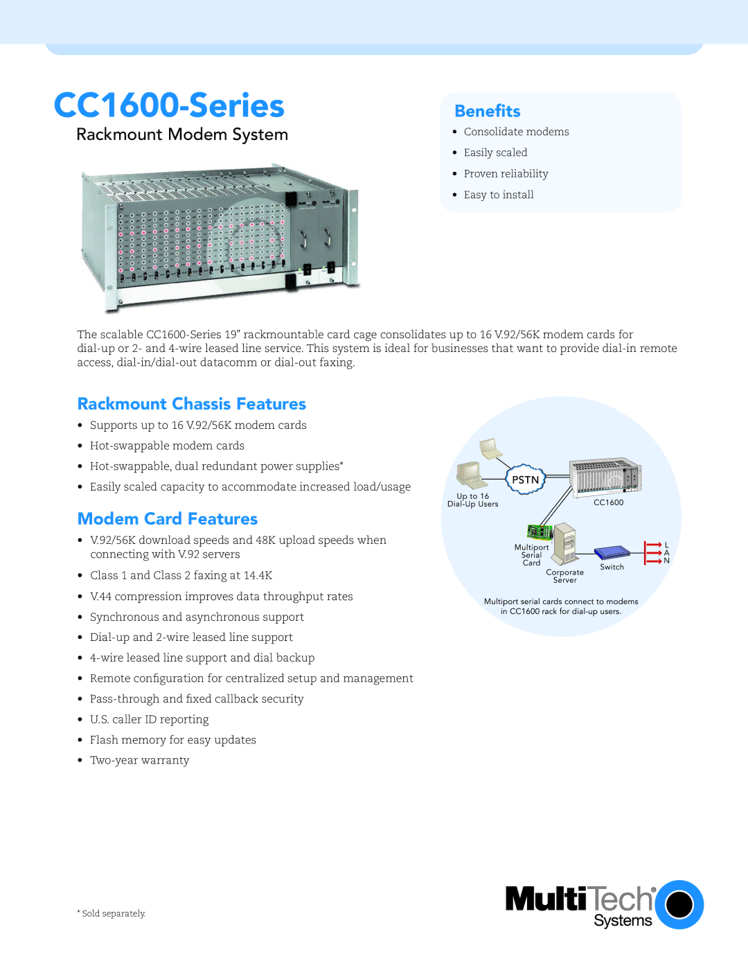 Multi-Tech Systems CC1600-Series warranty Rackmount Chassis Features, Modem Card Features 