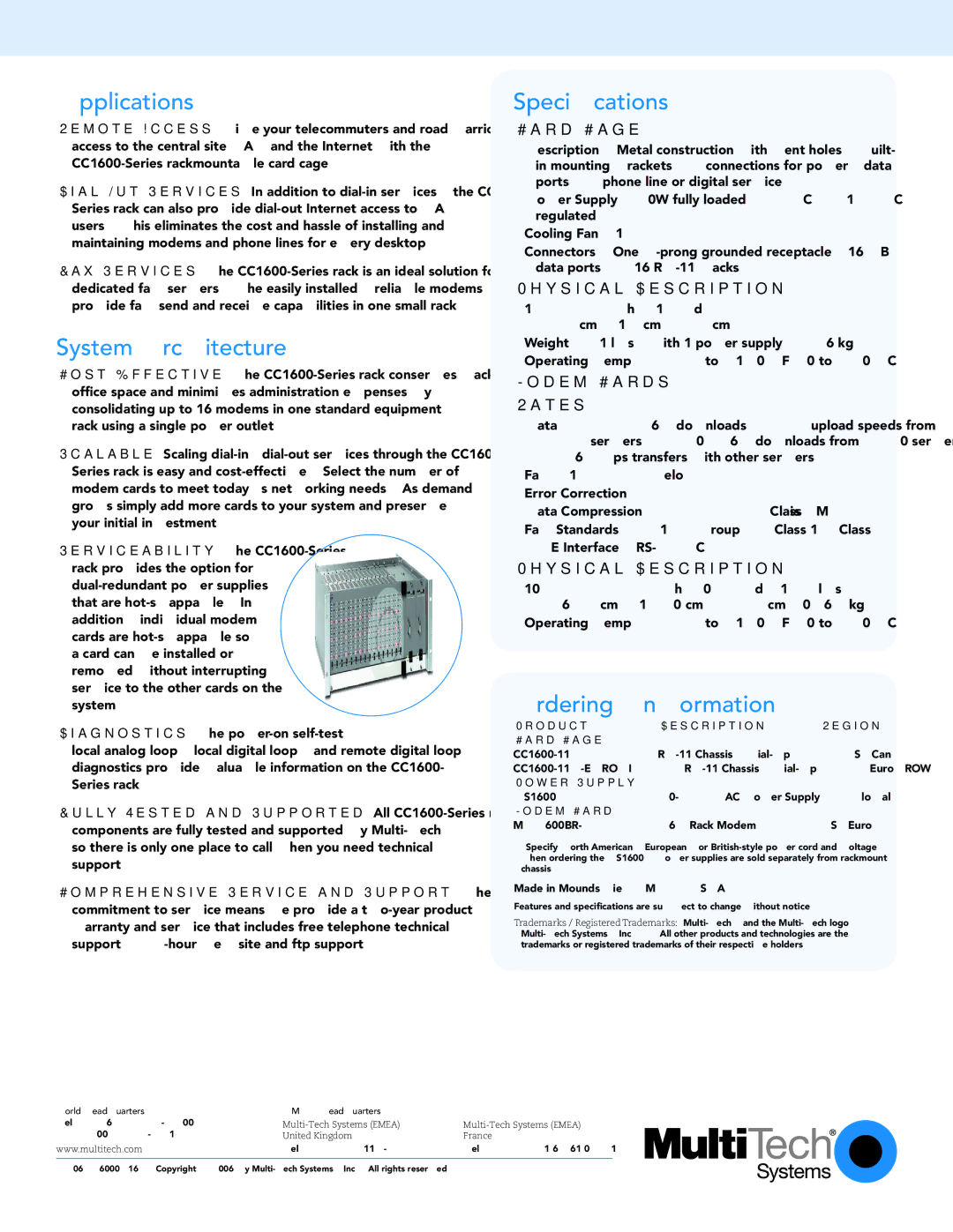 Multi-Tech Systems CC1600-Series warranty Applications, System Architecture, Speciﬁcations, Ordering Information 