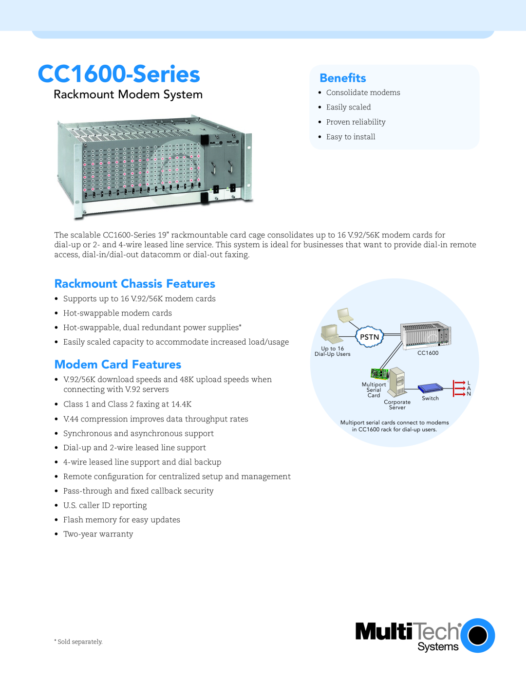 Multi-Tech Systems warranty CC1600-Series Beneﬁts, Rackmount Modem System, Rackmount Chassis Features 