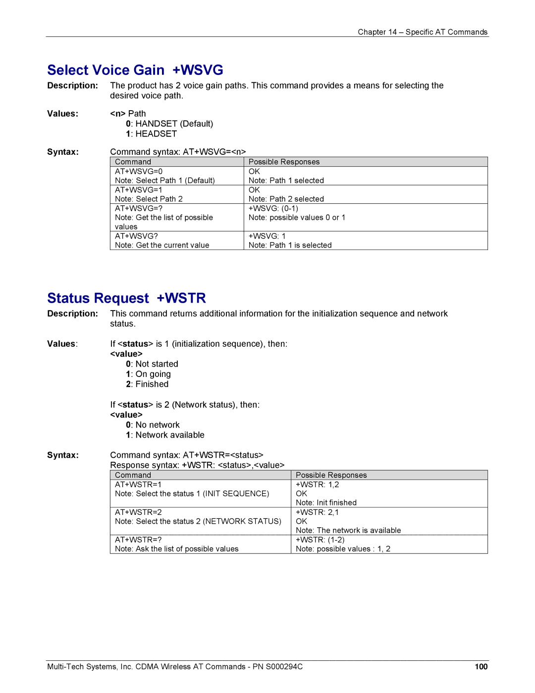 Multi-Tech Systems CDMA Wireless Modem manual Select Voice Gain +WSVG, Status Request +WSTR, Values Path 