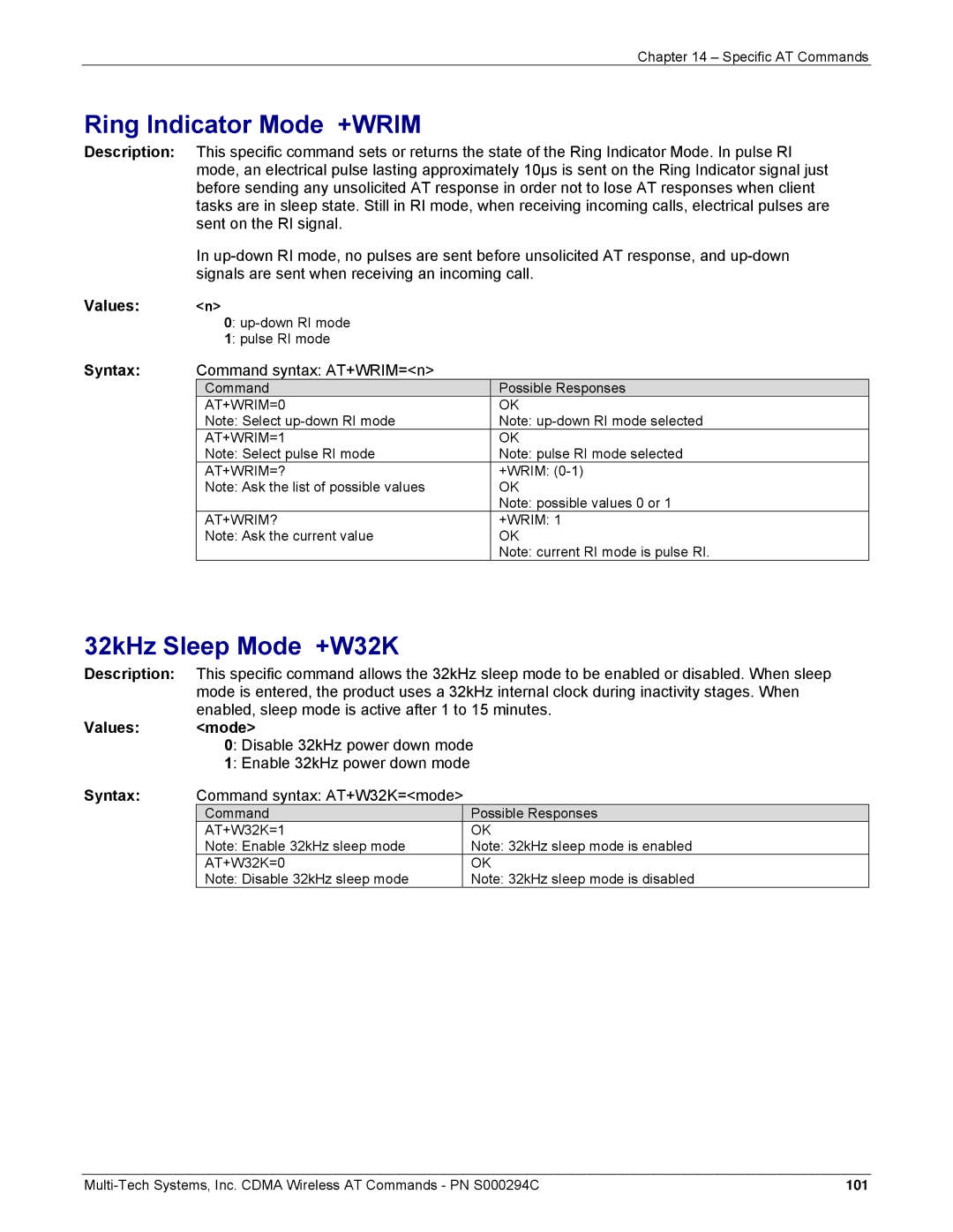 Multi-Tech Systems CDMA Wireless Modem manual Ring Indicator Mode +WRIM, 32kHz Sleep Mode +W32K 