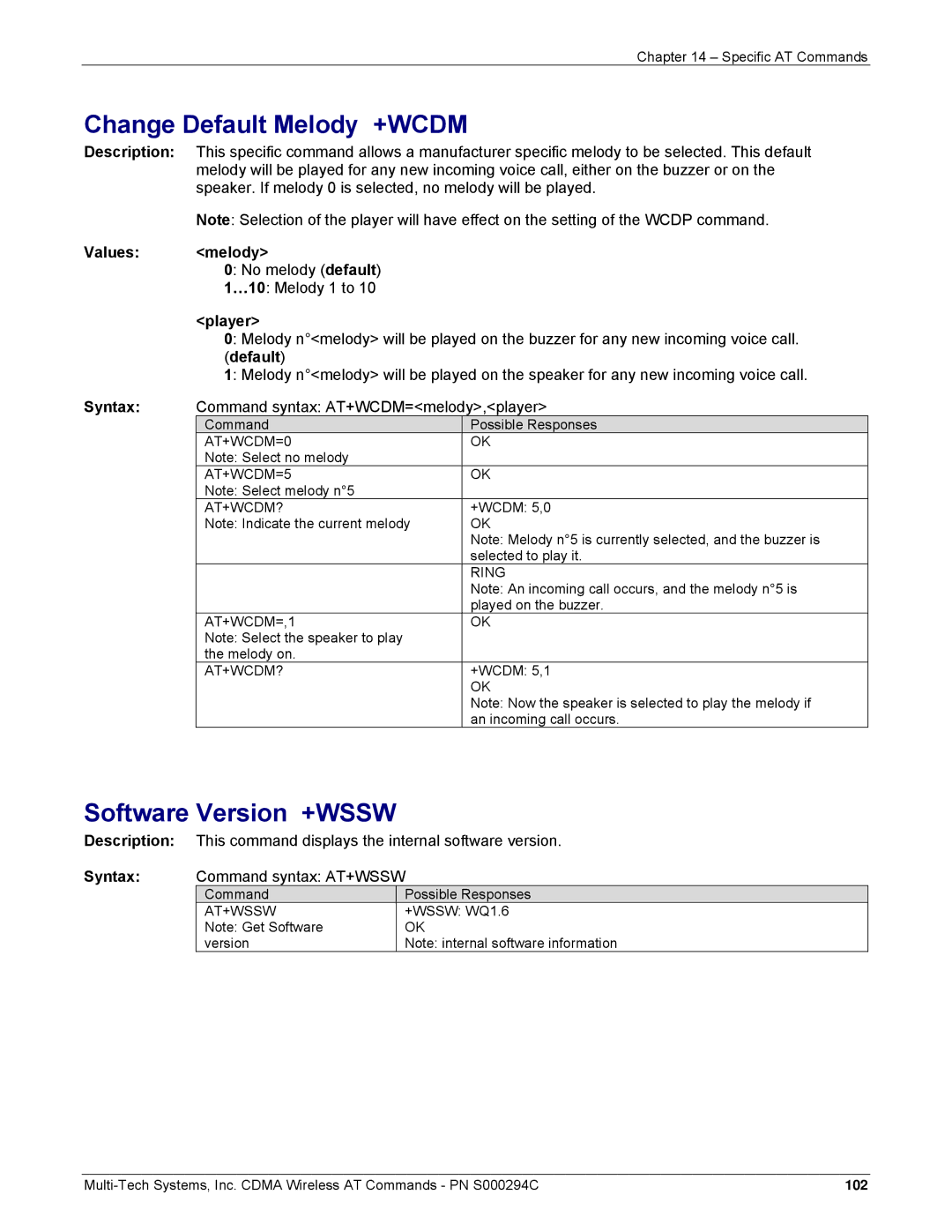 Multi-Tech Systems CDMA Wireless Modem manual Change Default Melody +WCDM, Software Version +WSSW, Values Melody, Player 