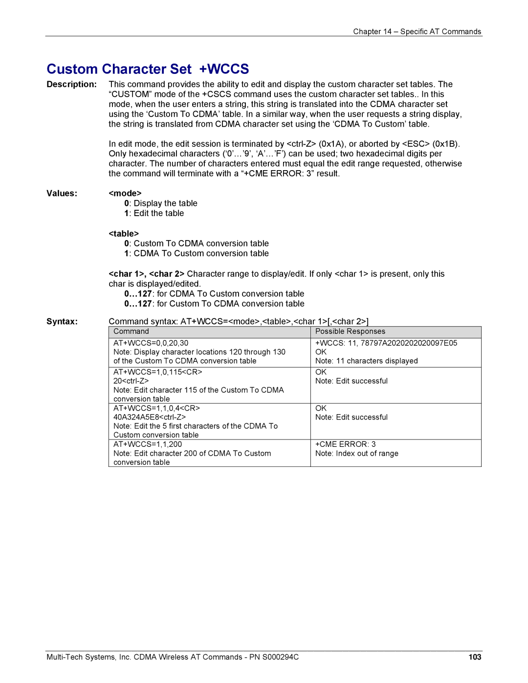 Multi-Tech Systems CDMA Wireless Modem manual Custom Character Set +WCCS, Command syntax AT+WCCS=mode,table,char 1,char 